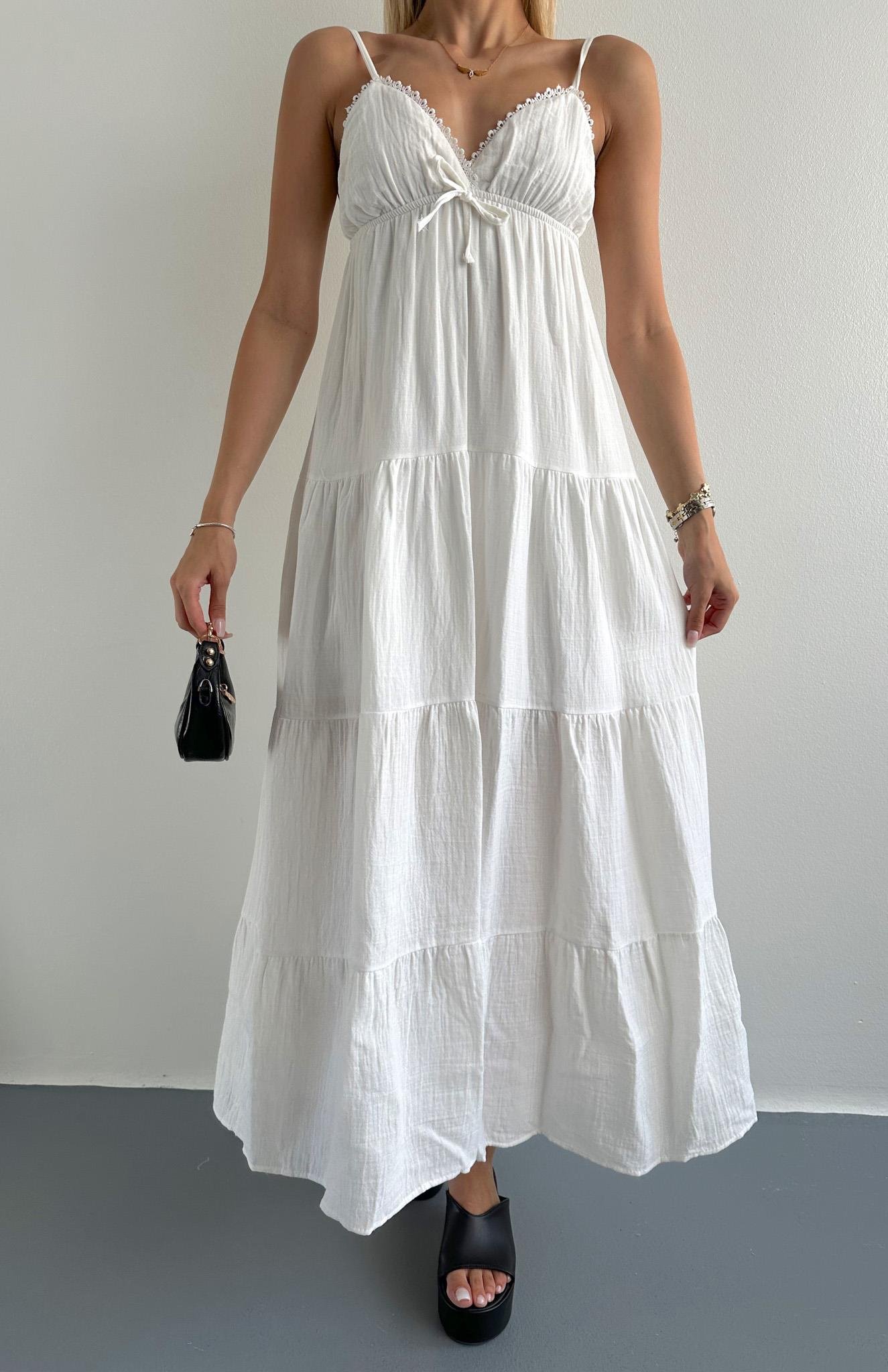 Robalı Askılı Uzun Elbise EKRU