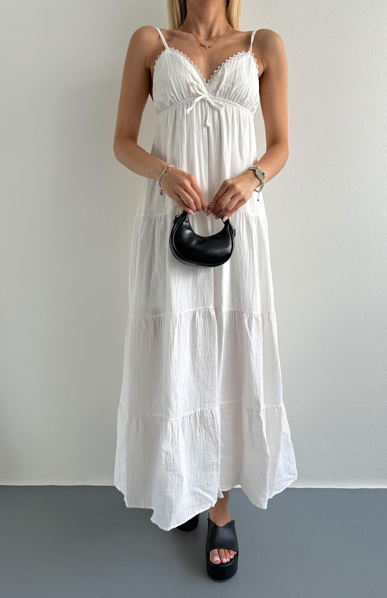 Robalı Askılı Uzun Elbise EKRU