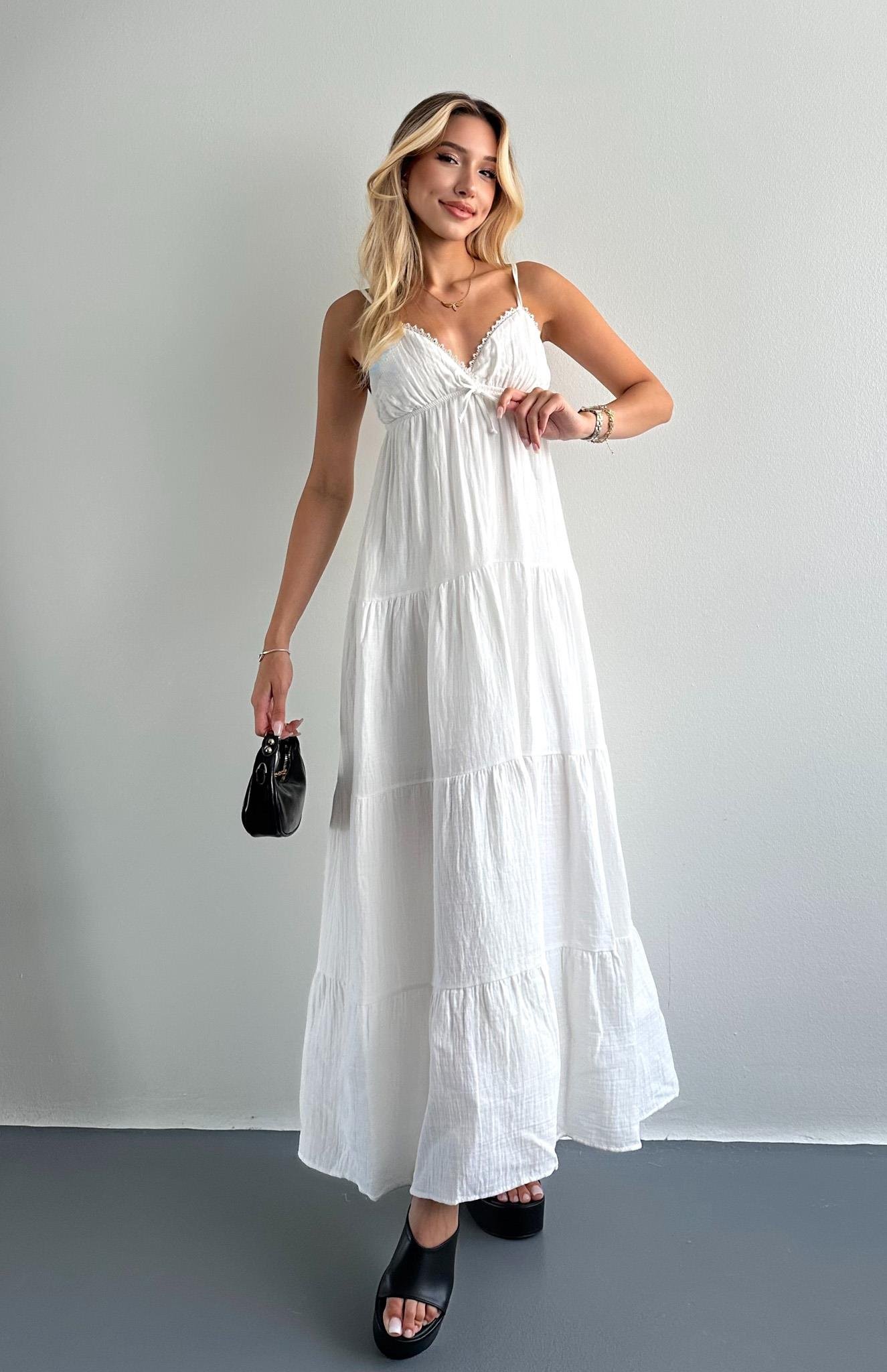 Robalı Askılı Uzun Elbise EKRU