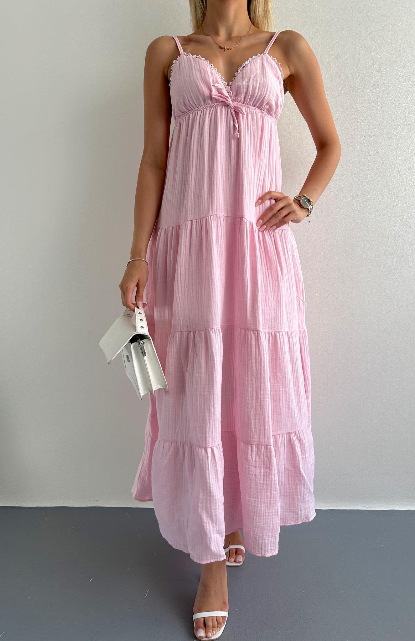 Robalı Askılı Uzun Elbise PEMBE