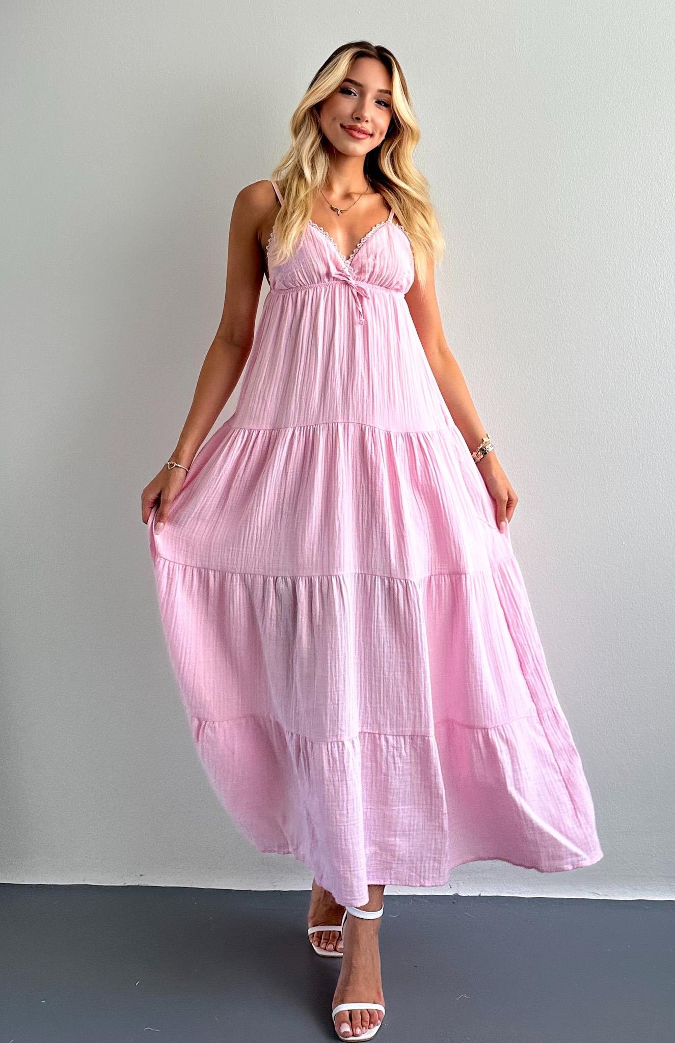 Robalı Askılı Uzun Elbise PEMBE