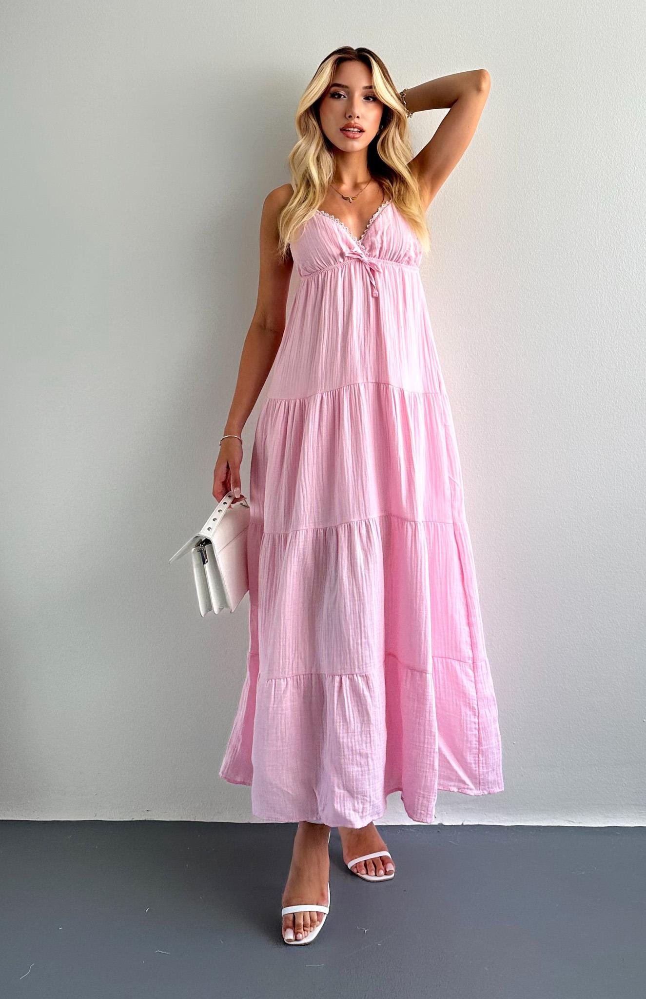 Robalı Askılı Uzun Elbise PEMBE