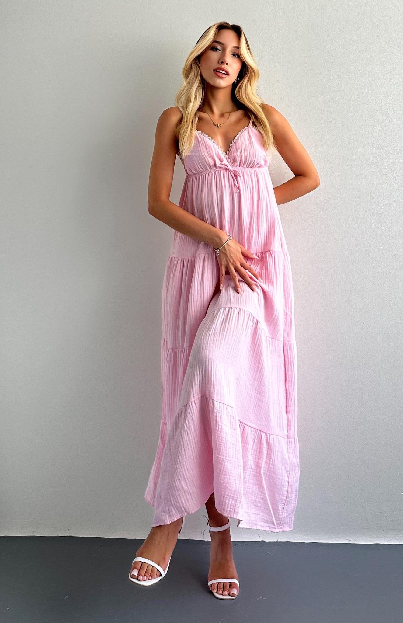 Robalı Askılı Uzun Elbise PEMBE