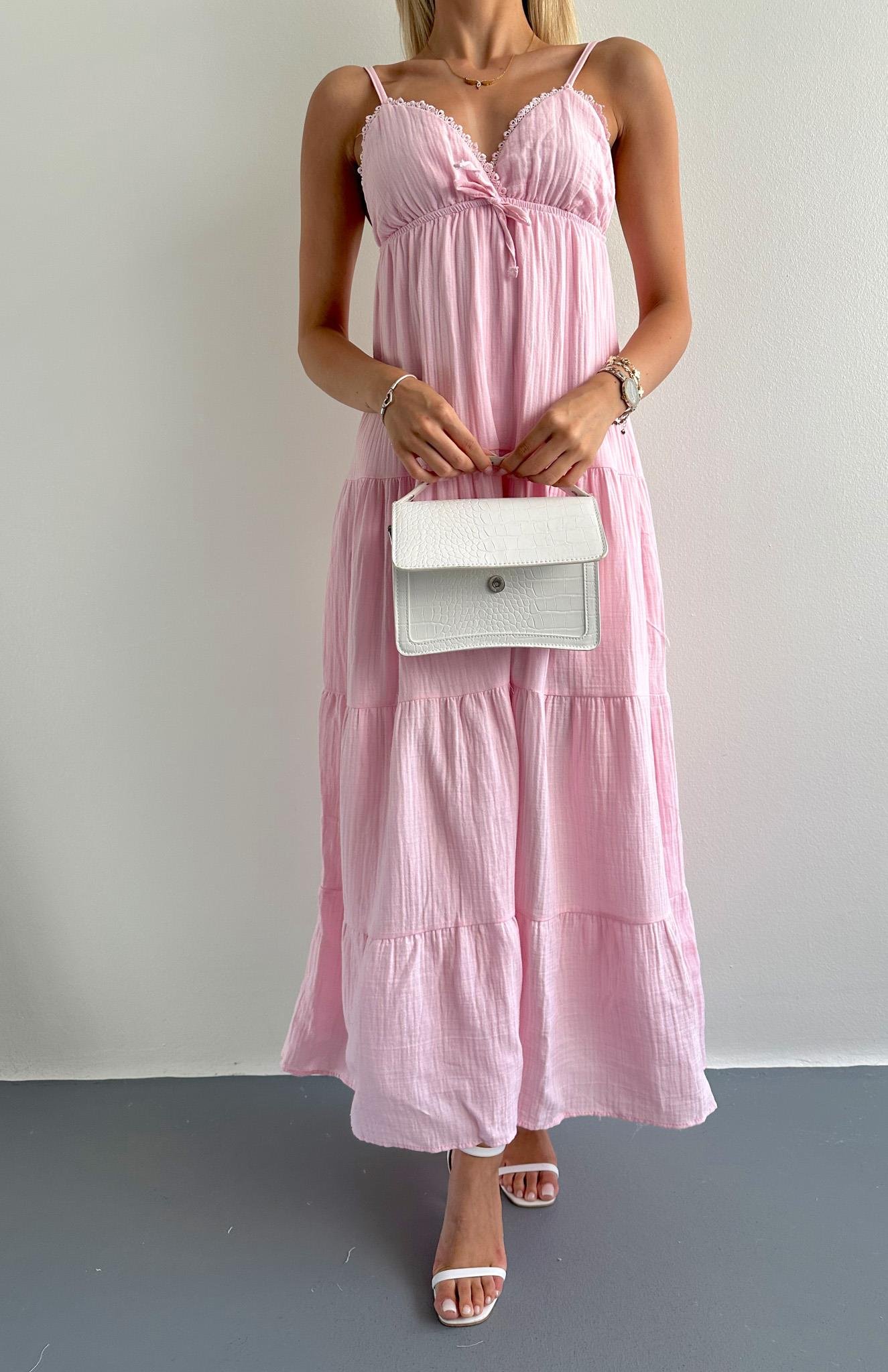 Robalı Askılı Uzun Elbise PEMBE