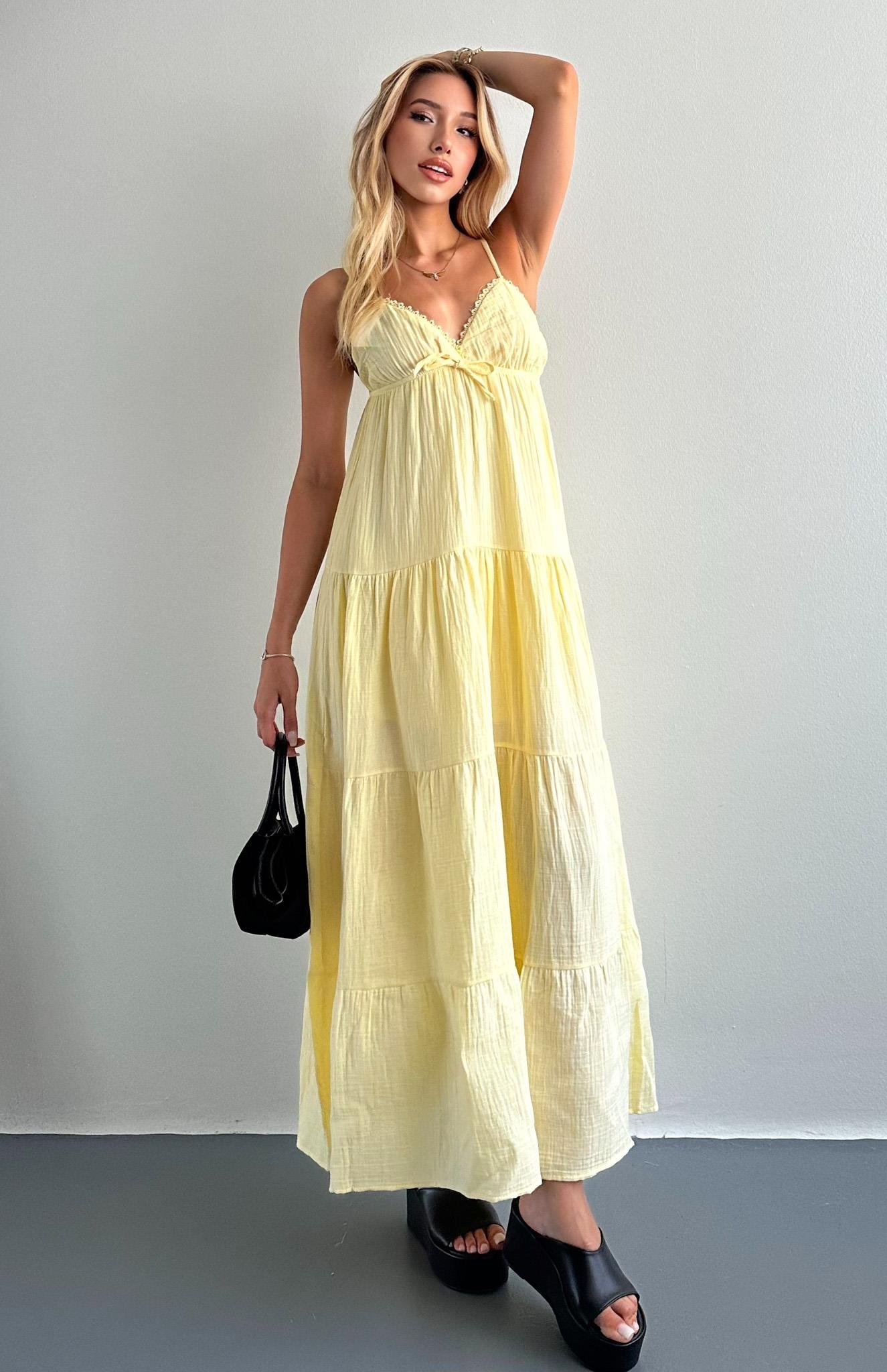 Robalı Askılı Uzun Elbise SARI