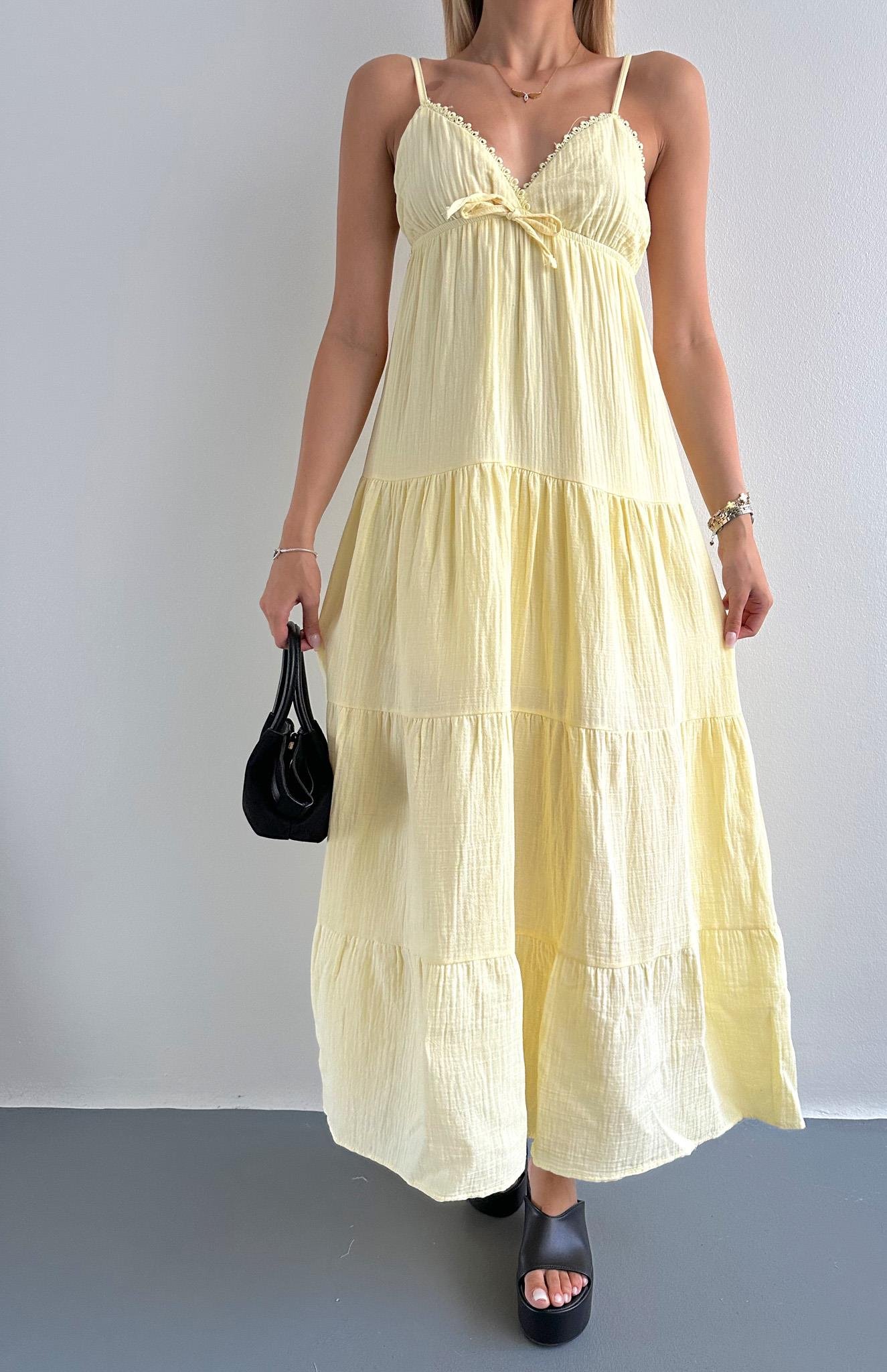 Robalı Askılı Uzun Elbise SARI