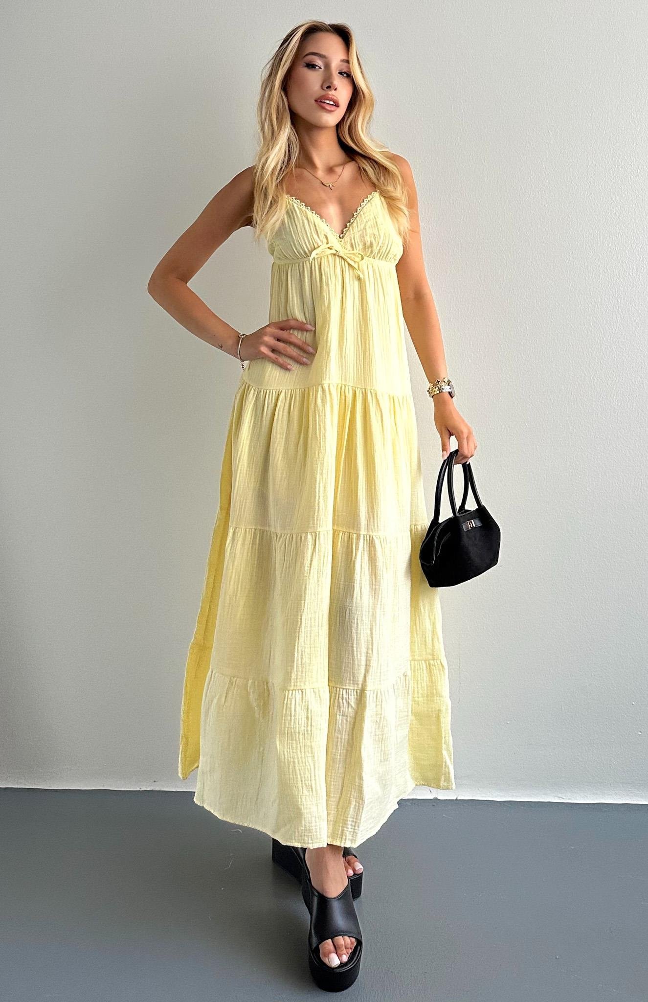 Robalı Askılı Uzun Elbise SARI