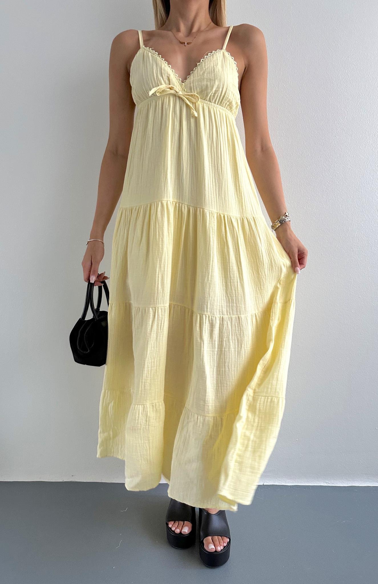 Robalı Askılı Uzun Elbise SARI