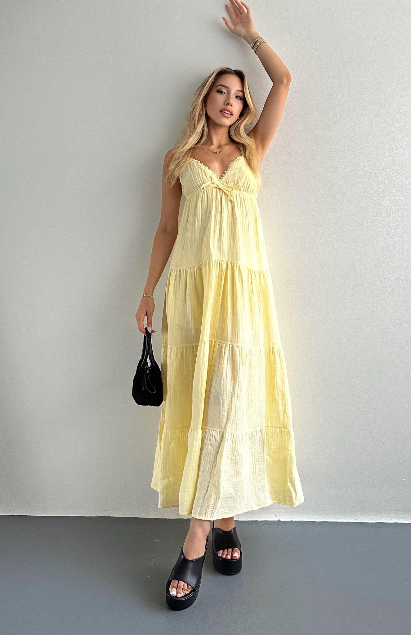 Robalı Askılı Uzun Elbise SARI