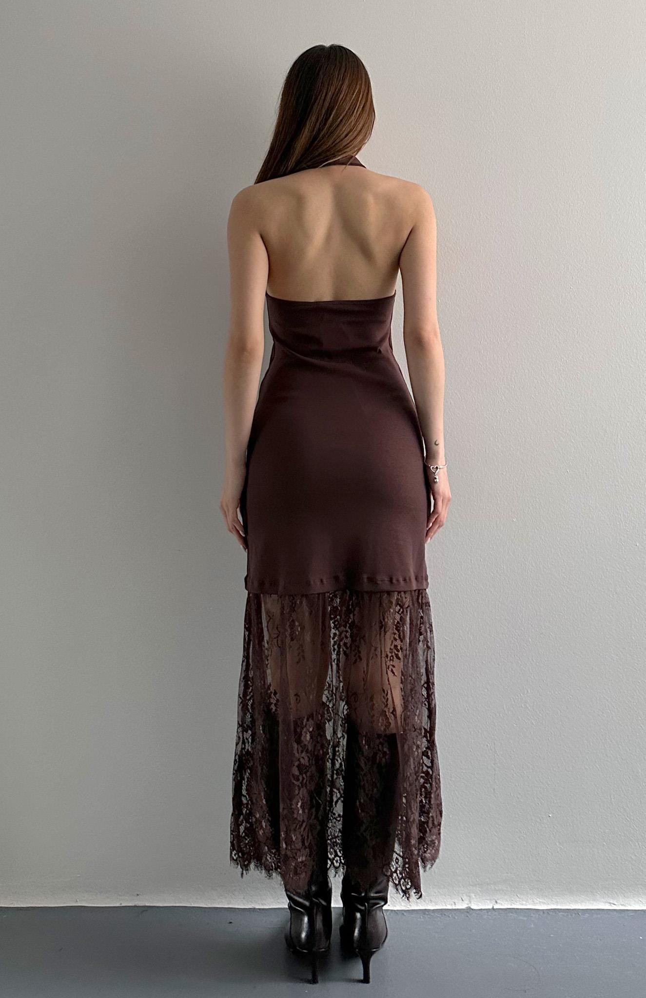 Sırt Dekolteli Dantel Etekli Elbise KAHVERENGİ