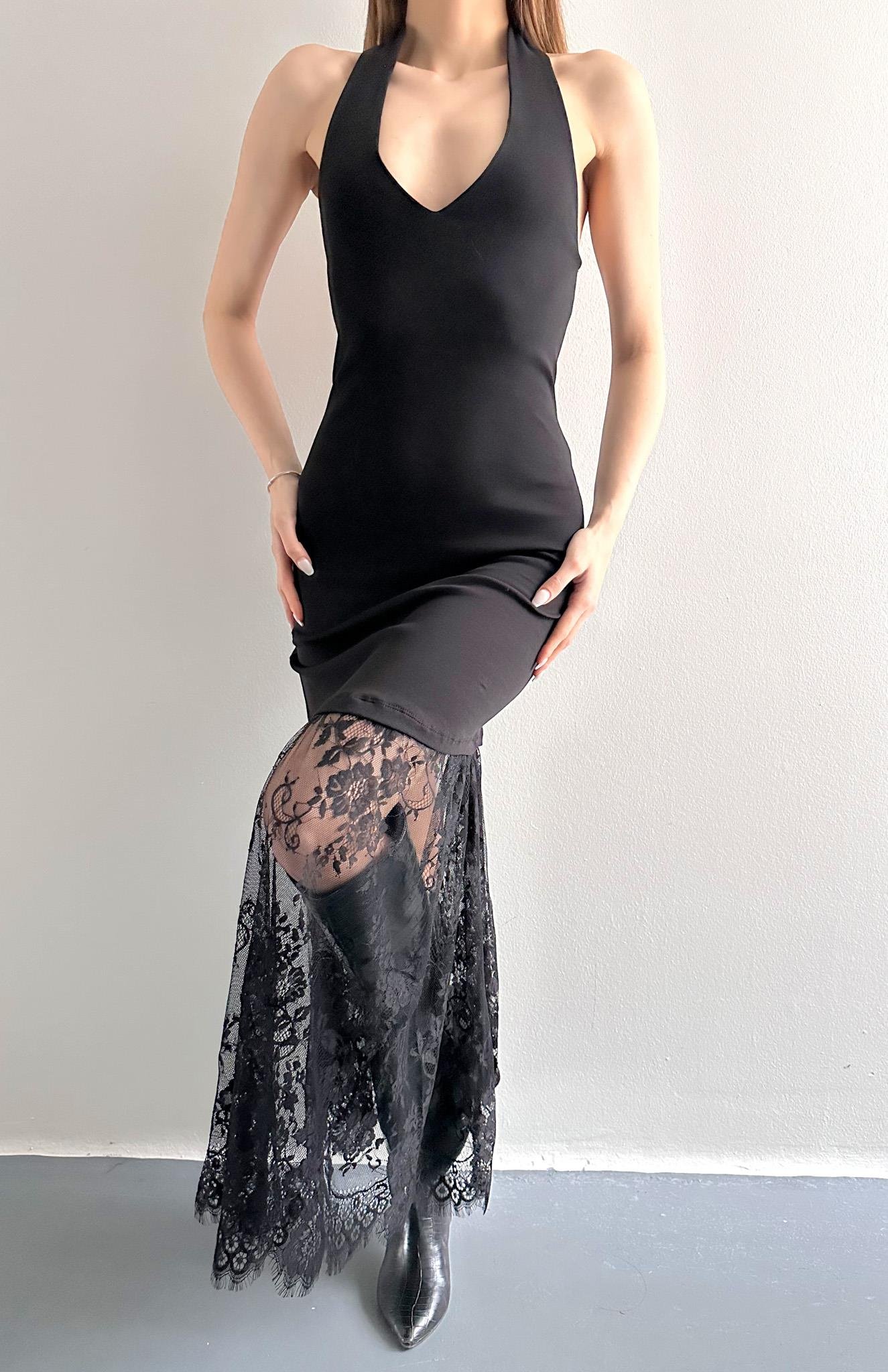 Sırt Dekolteli Dantel Etekli Elbise SİYAH