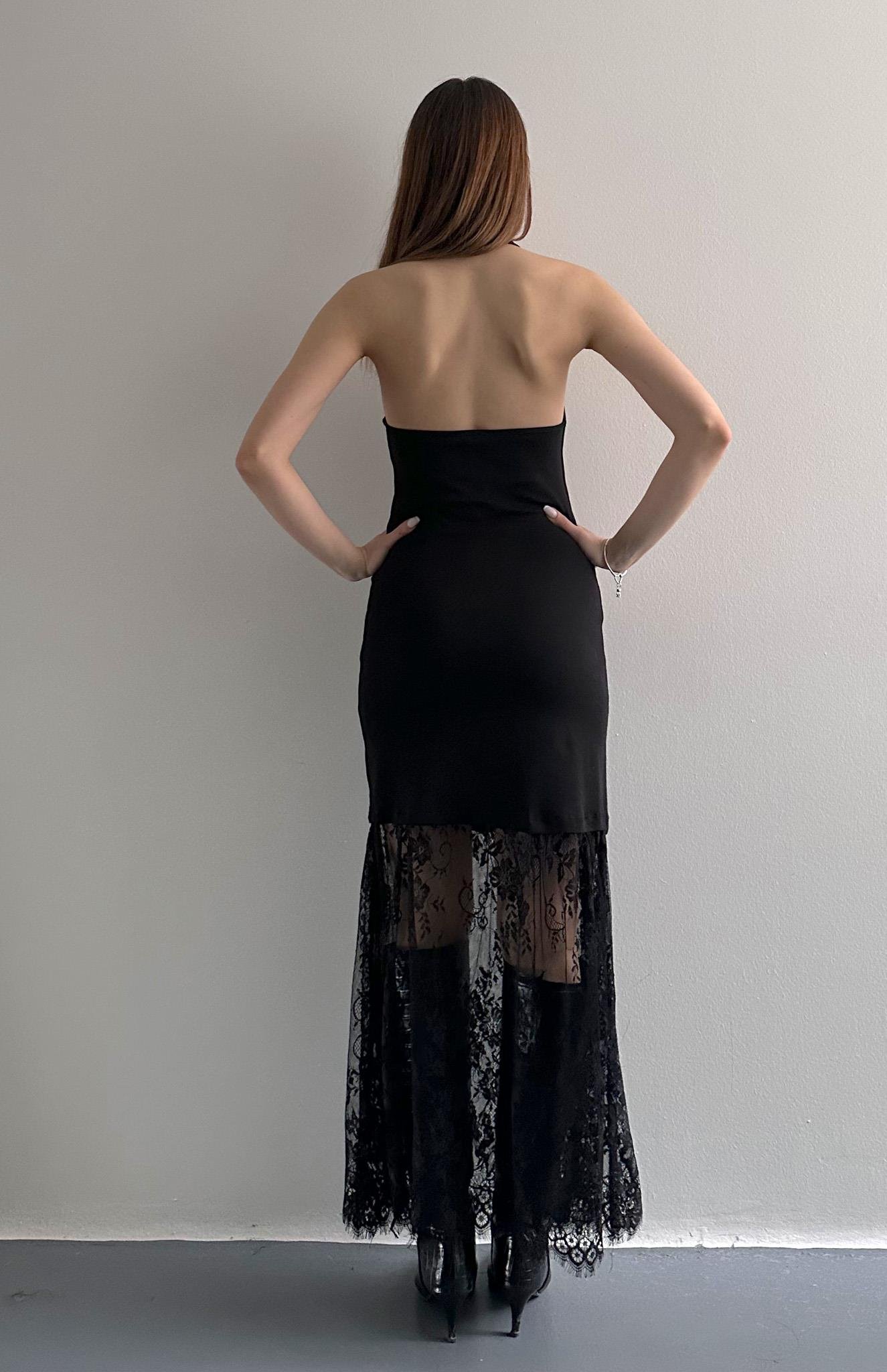 Sırt Dekolteli Dantel Etekli Elbise SİYAH