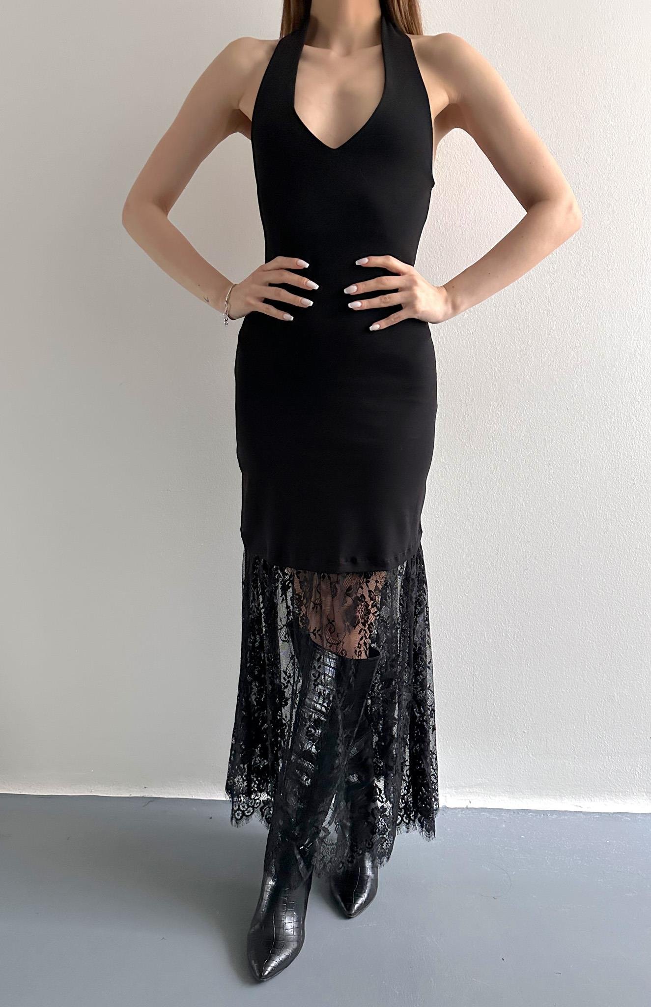 Sırt Dekolteli Dantel Etekli Elbise SİYAH