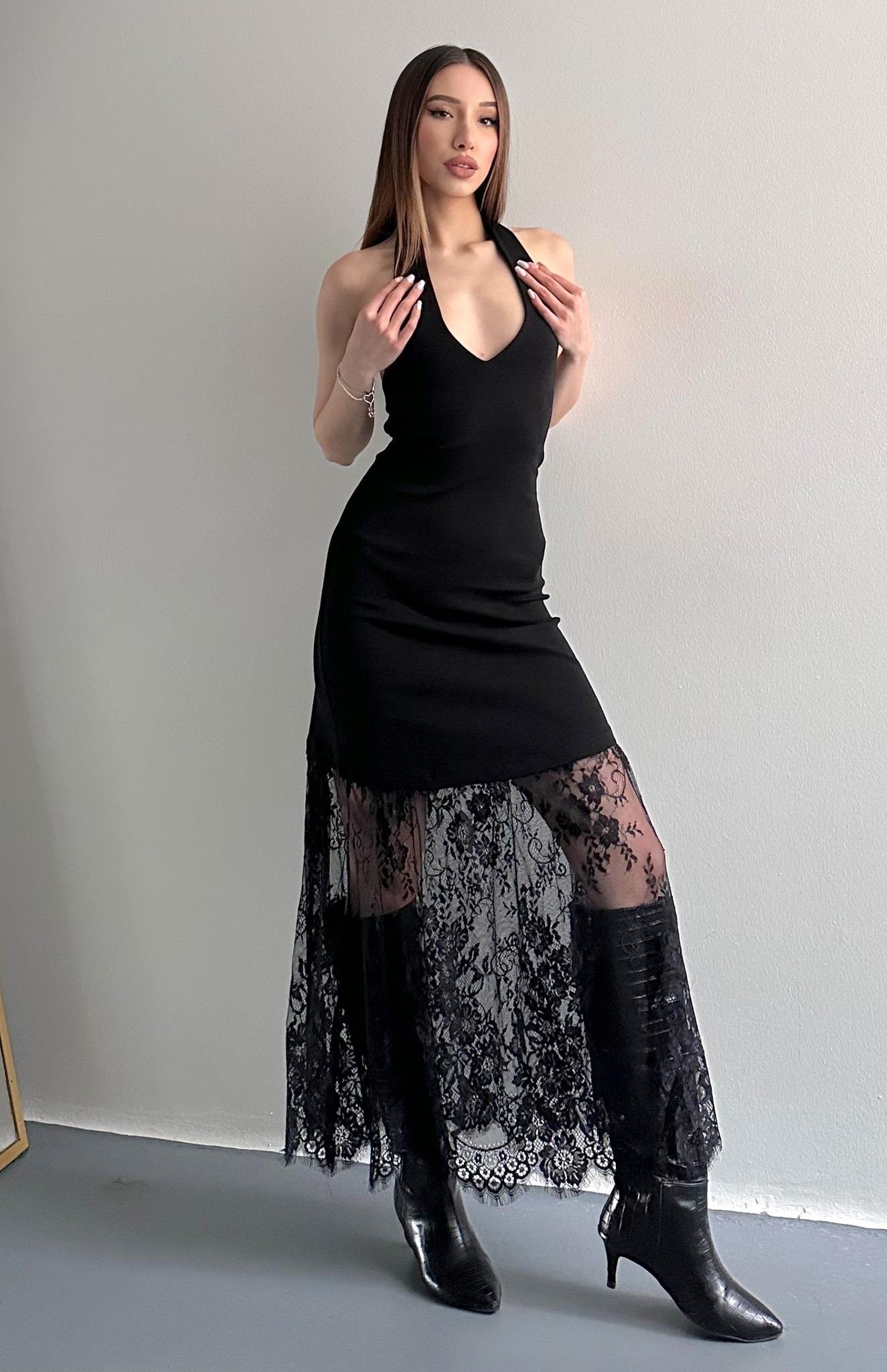 Sırt Dekolteli Dantel Etekli Elbise SİYAH