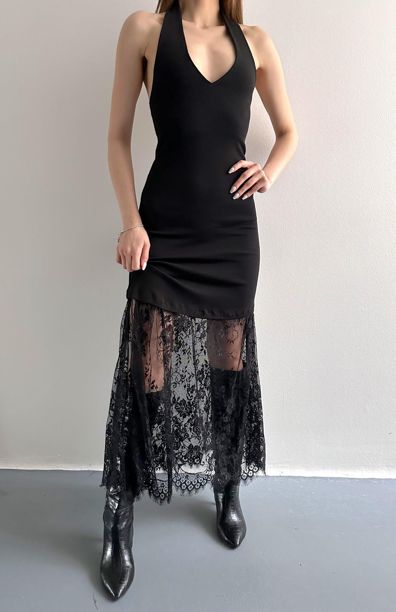 Sırt Dekolteli Dantel Etekli Elbise SİYAH