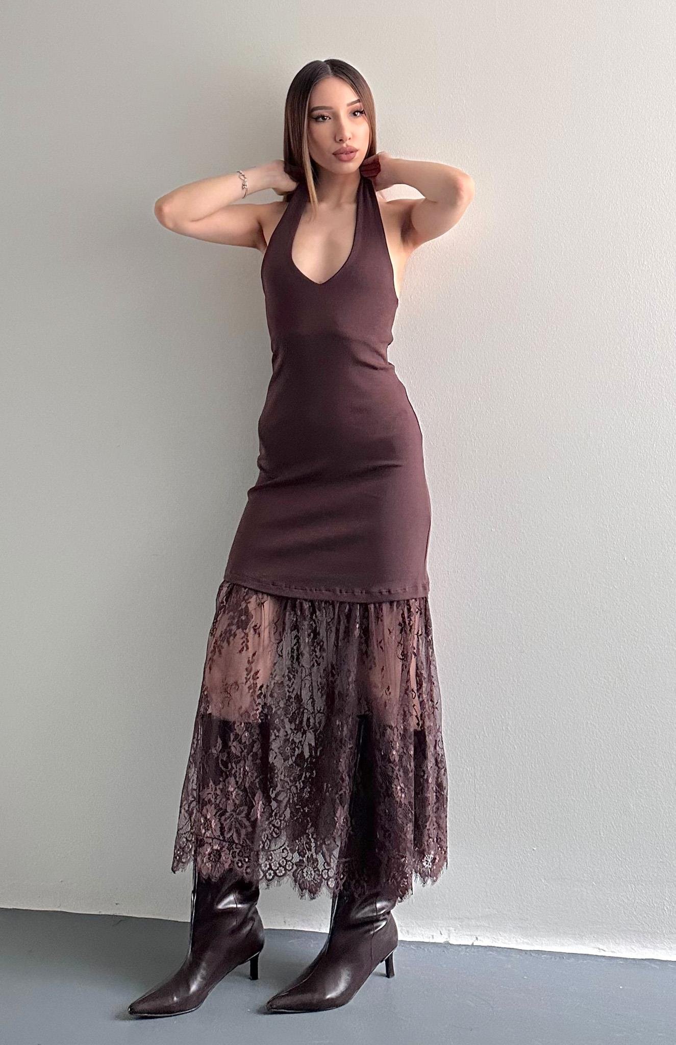 Sırt Dekolteli Dantel Etekli Elbise KAHVERENGİ