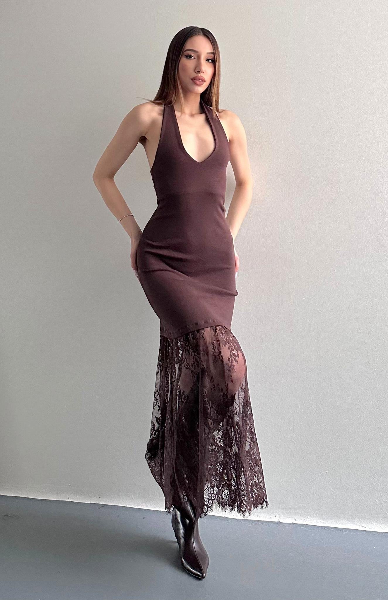 Sırt Dekolteli Dantel Etekli Elbise KAHVERENGİ