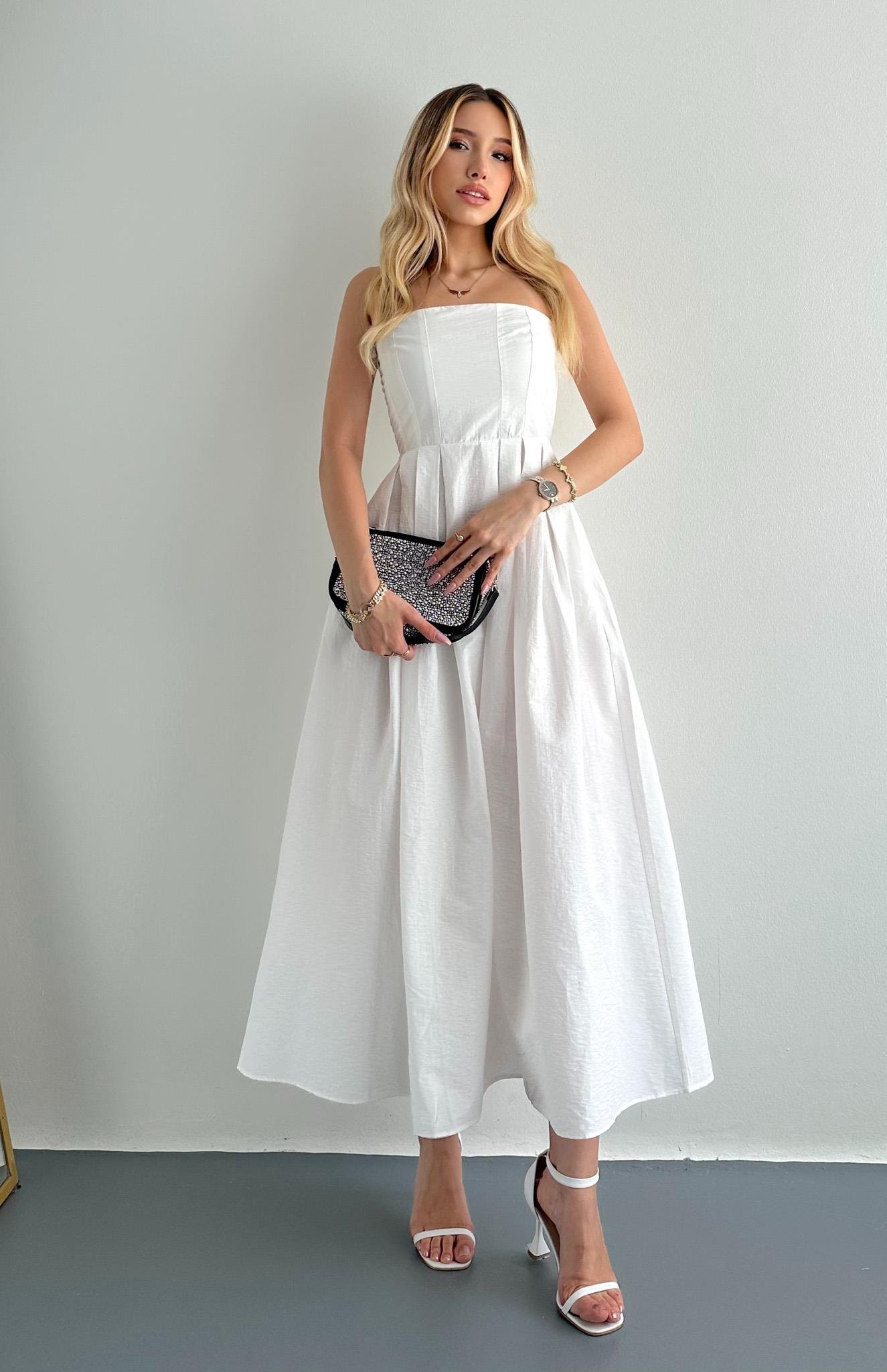 Straplez Midi Boy Elbise EKRU