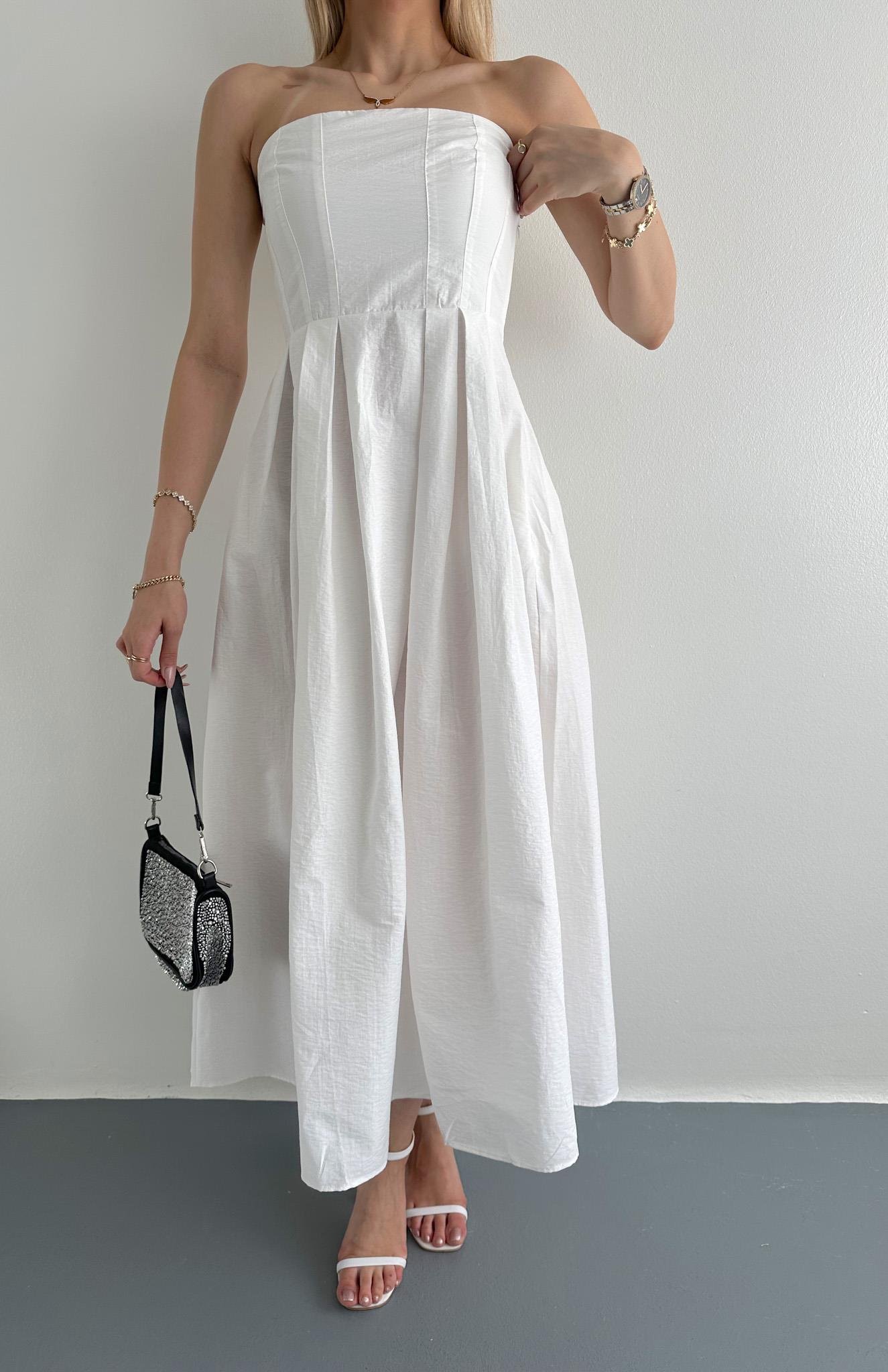 Straplez Midi Boy Elbise EKRU