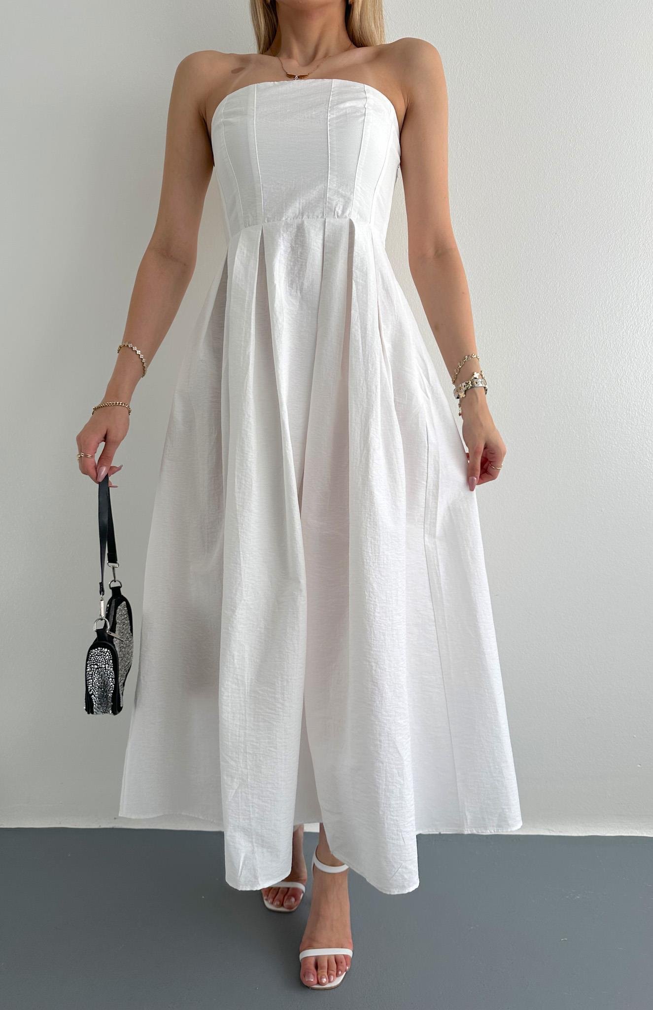 Straplez Midi Boy Elbise EKRU