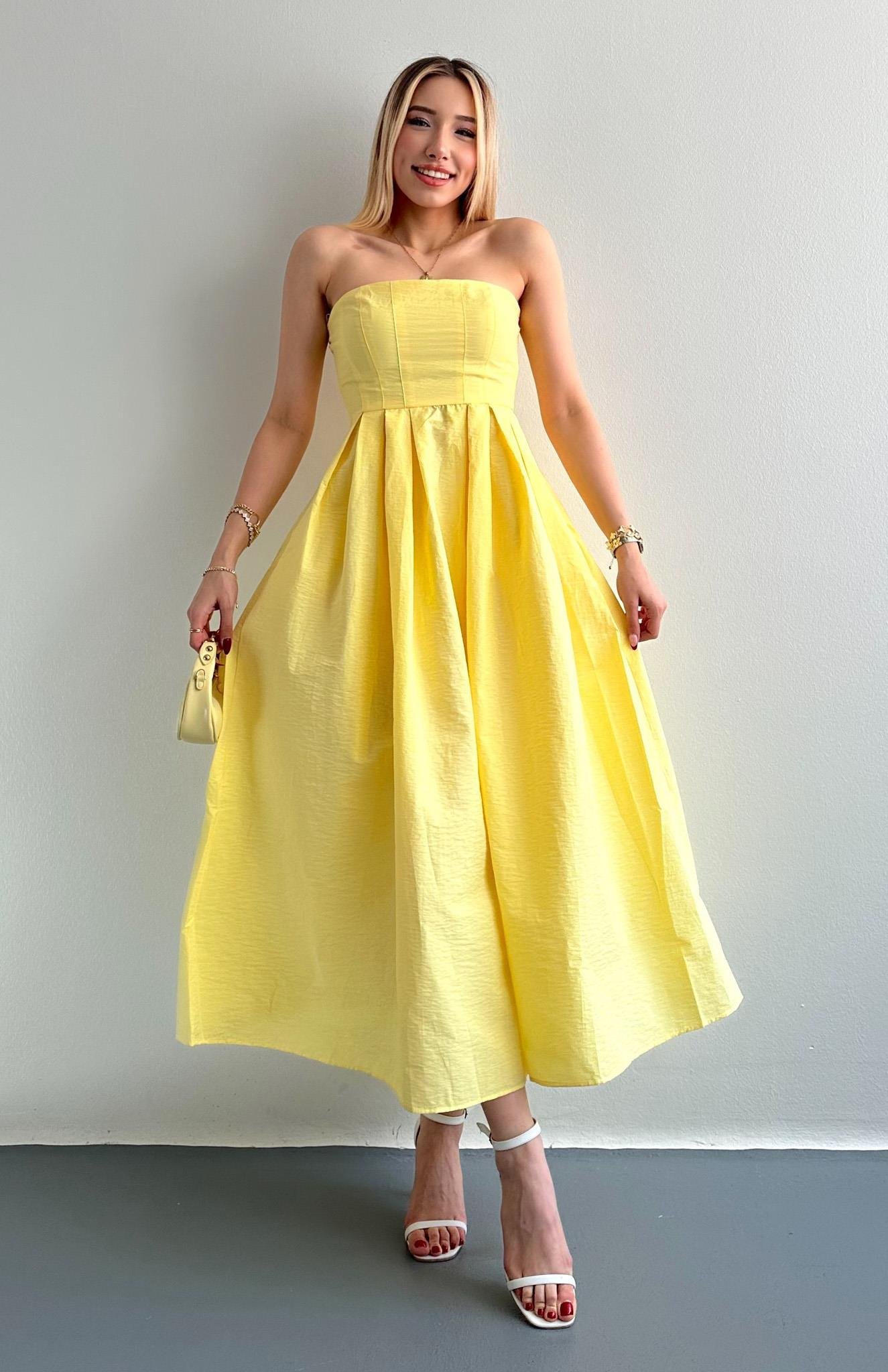 Straplez Midi Boy Elbise SARI