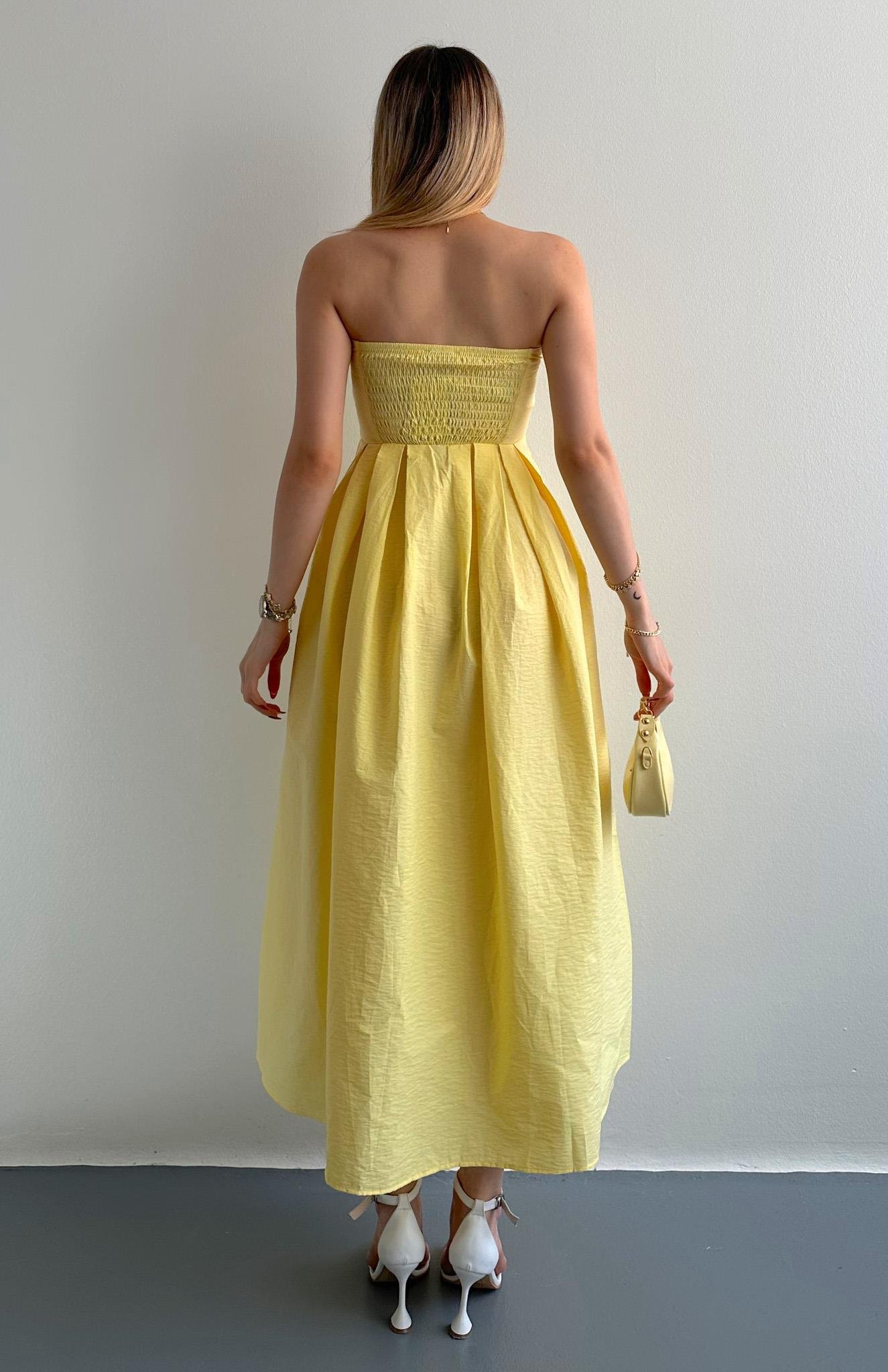 Straplez Midi Boy Elbise SARI