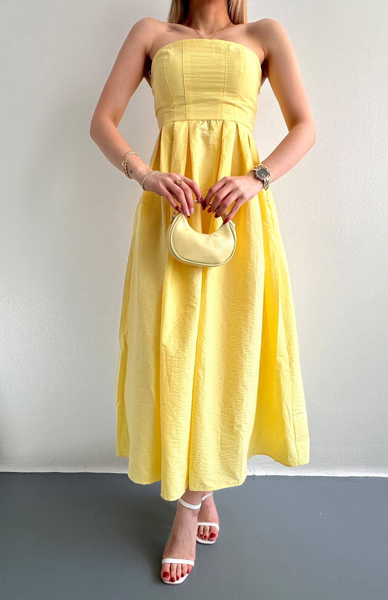 Straplez Midi Boy Elbise SARI