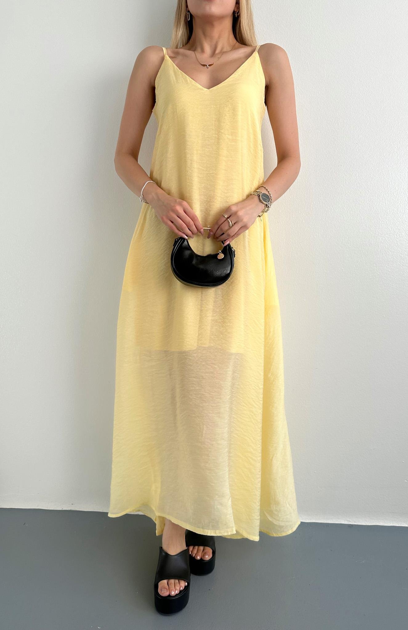 V Yaka Askılı Cepli Dökümlü Elbise SARI
