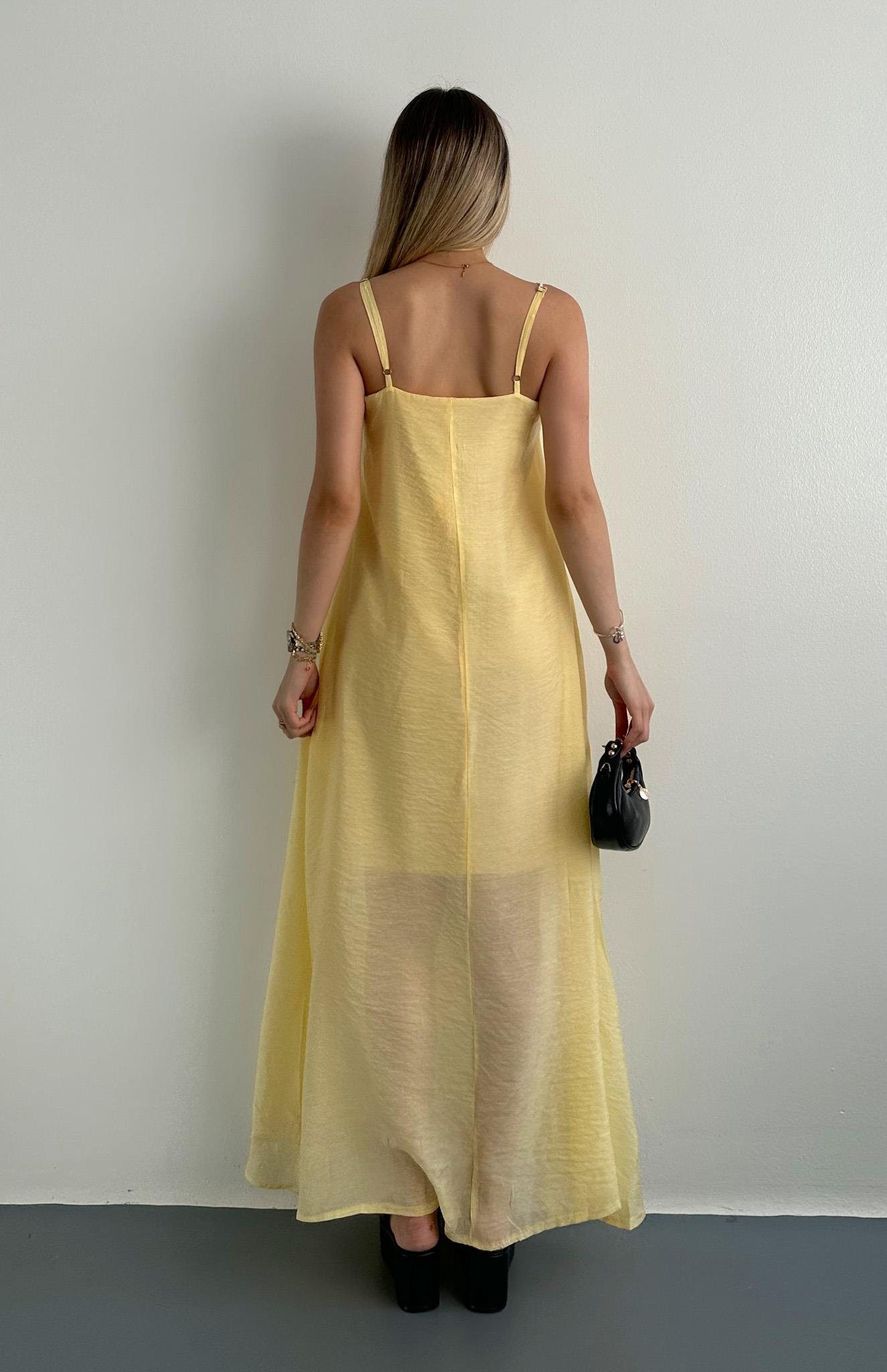 V Yaka Askılı Cepli Dökümlü Elbise SARI