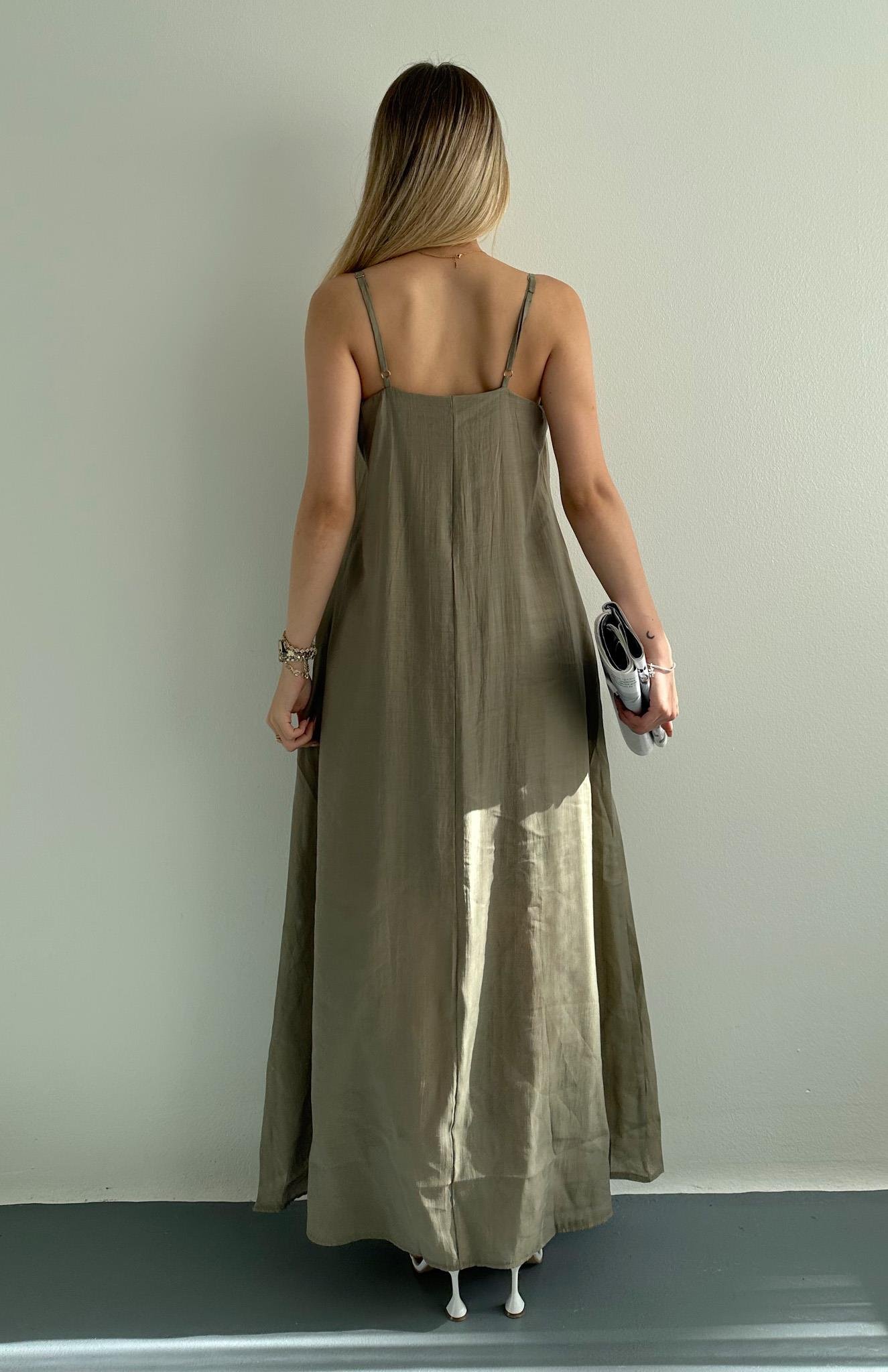 V Yaka Askılı Cepli Dökümlü Elbise HAKİ