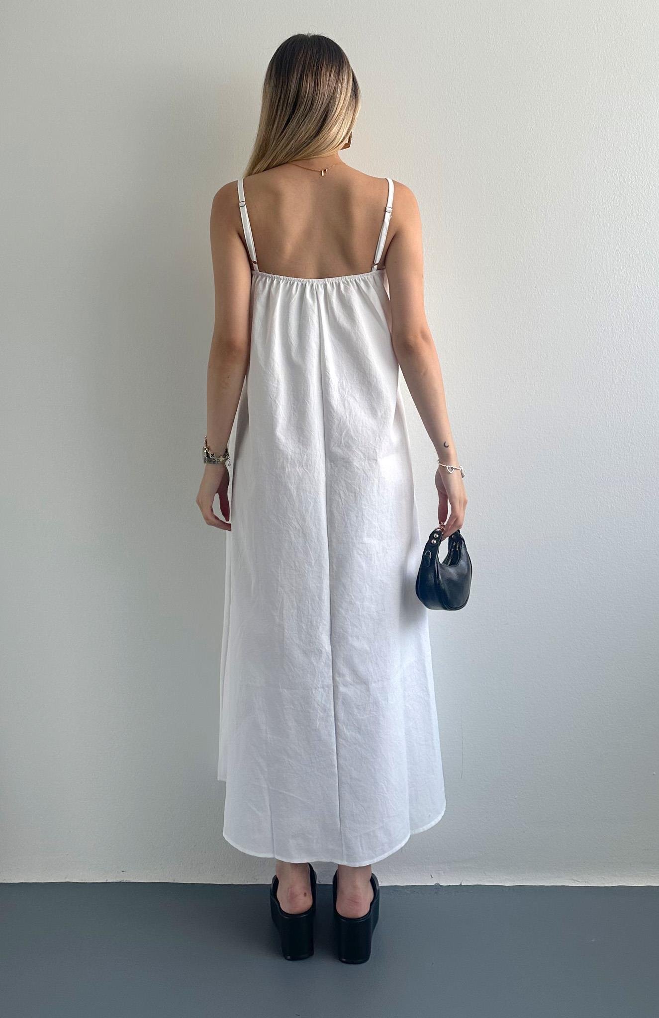 V Yaka Askılı Modal Elbise BEYAZ