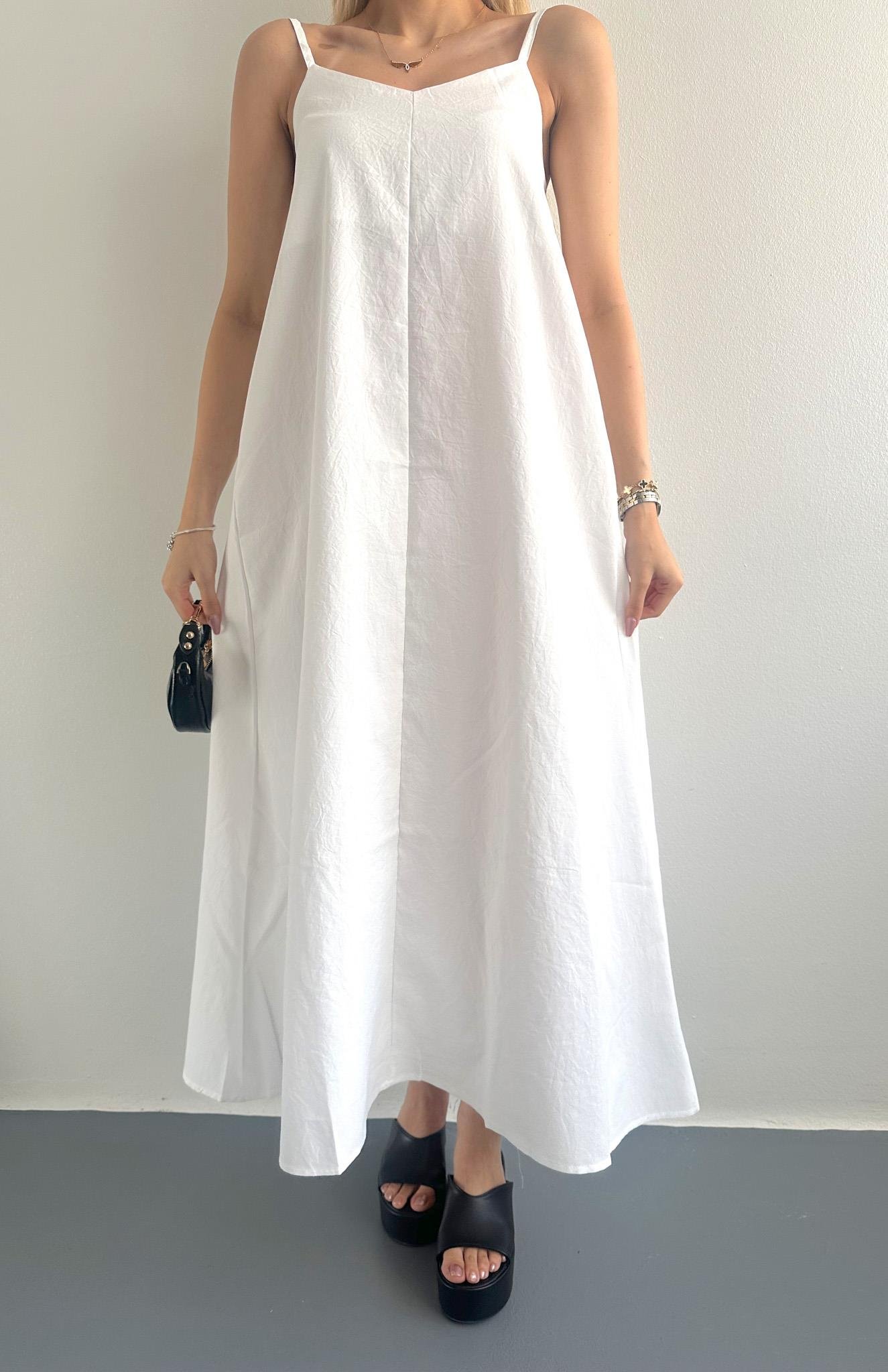 V Yaka Askılı Modal Elbise BEYAZ