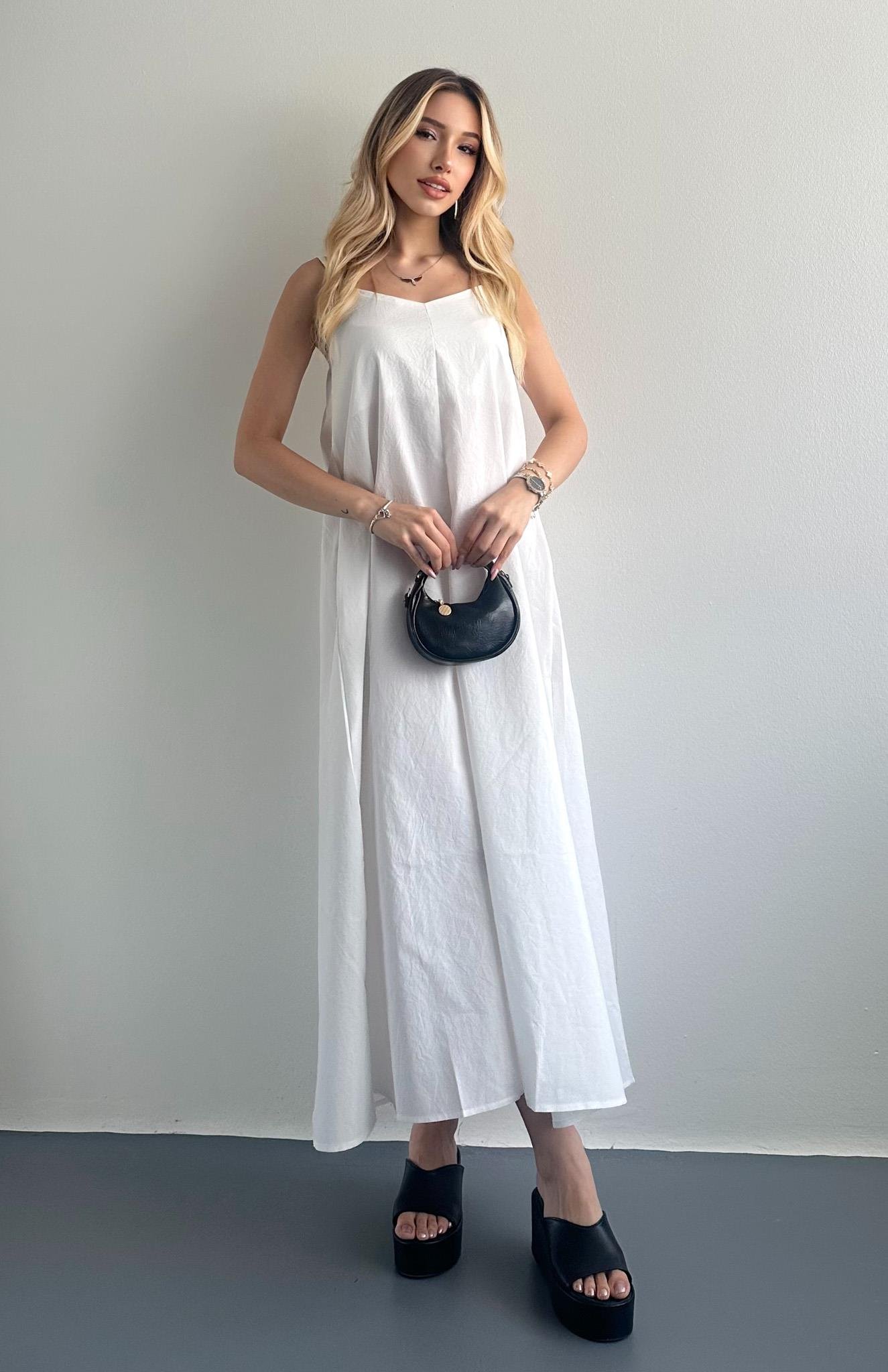 V Yaka Askılı Modal Elbise BEYAZ