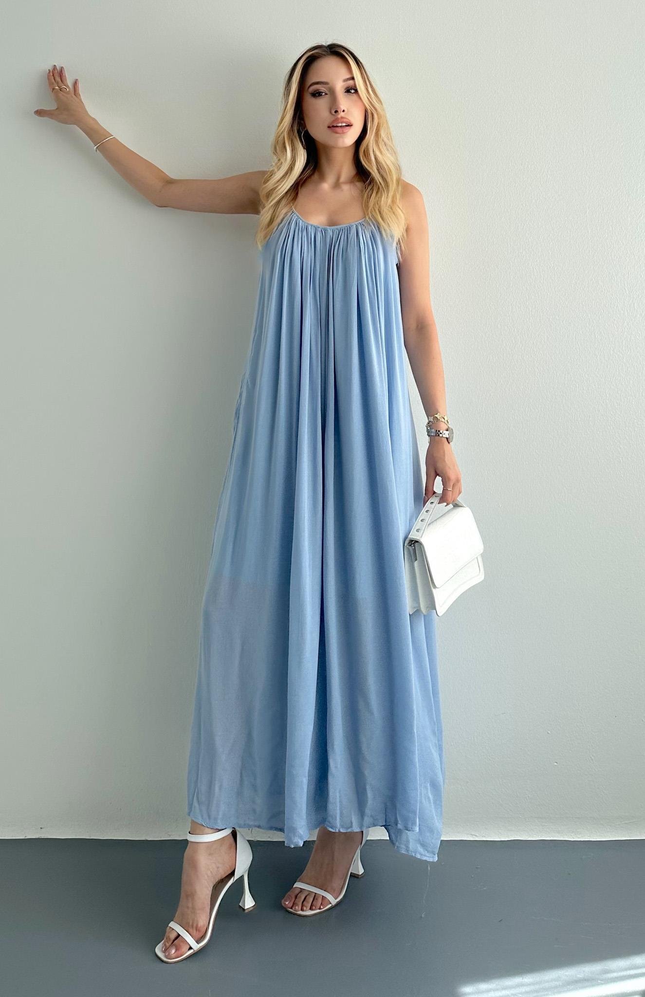 V Yaka Büzgülü Askılı Elbise B.MAVİ