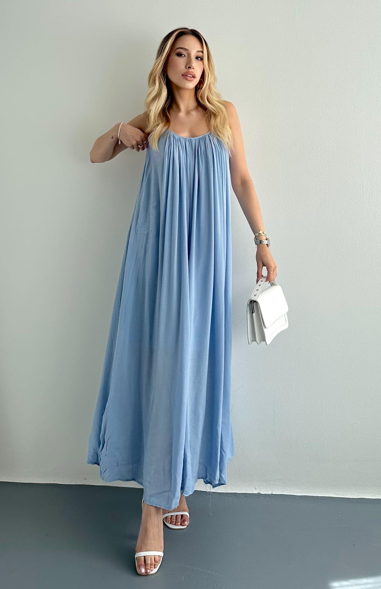 V Yaka Büzgülü Askılı Elbise B.MAVİ