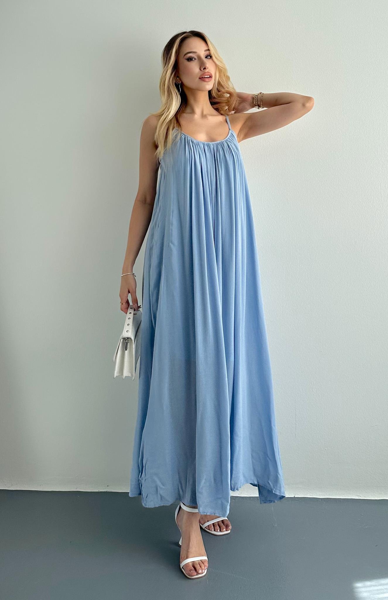 V Yaka Büzgülü Askılı Elbise B.MAVİ