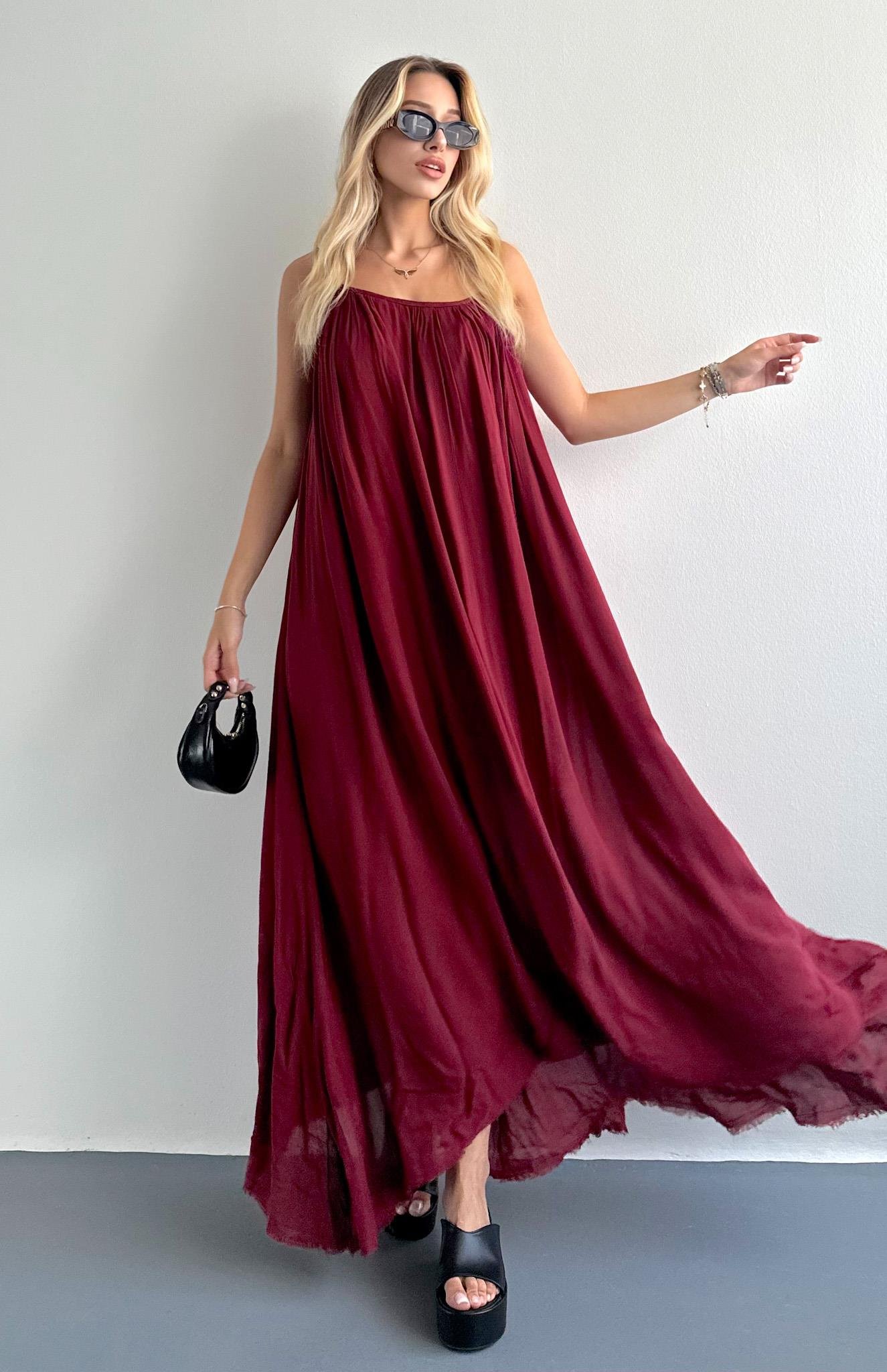 V Yaka Büzgülü Askılı Elbise BORDO