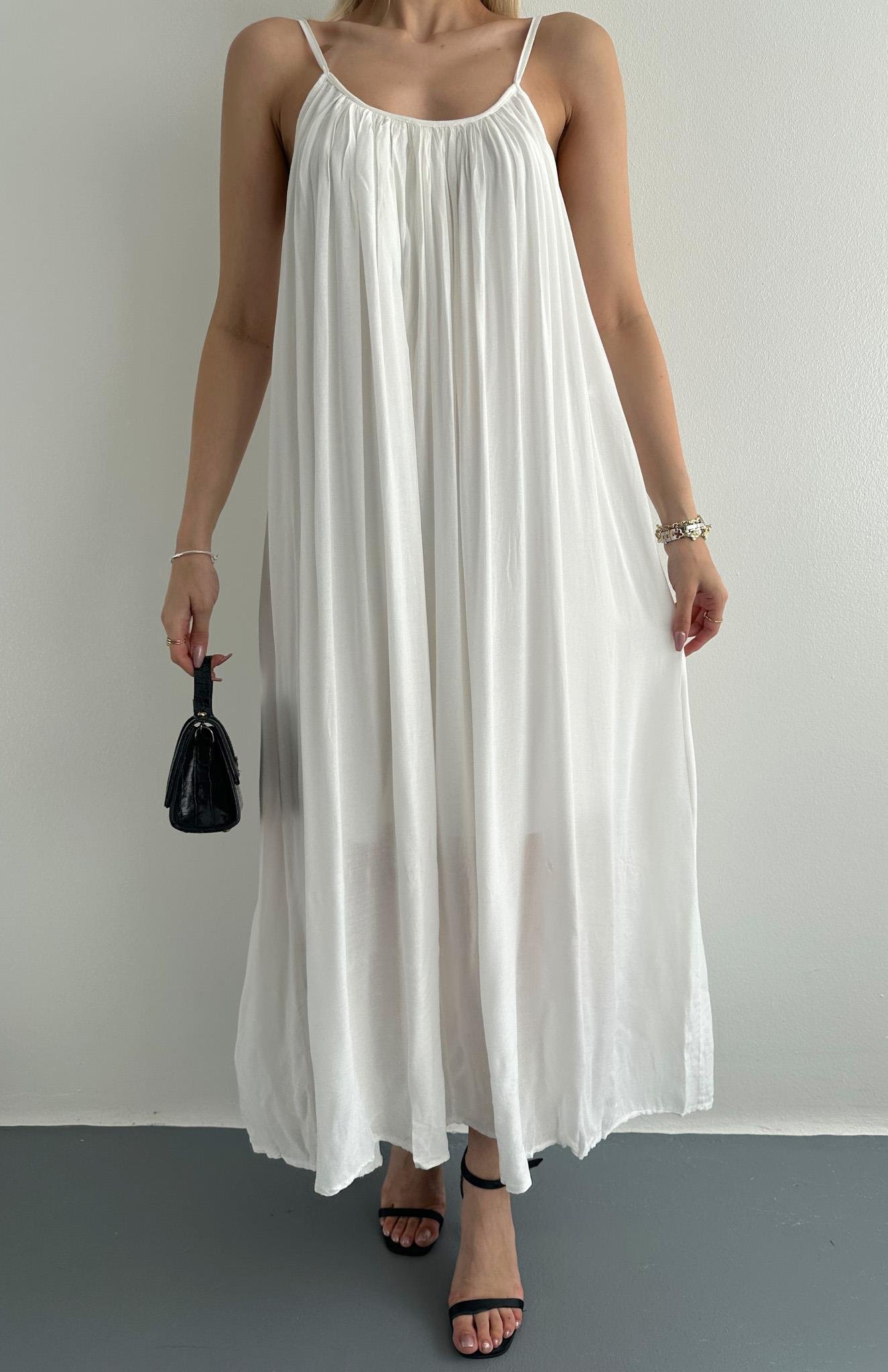 V Yaka Büzgülü Askılı Elbise EKRU