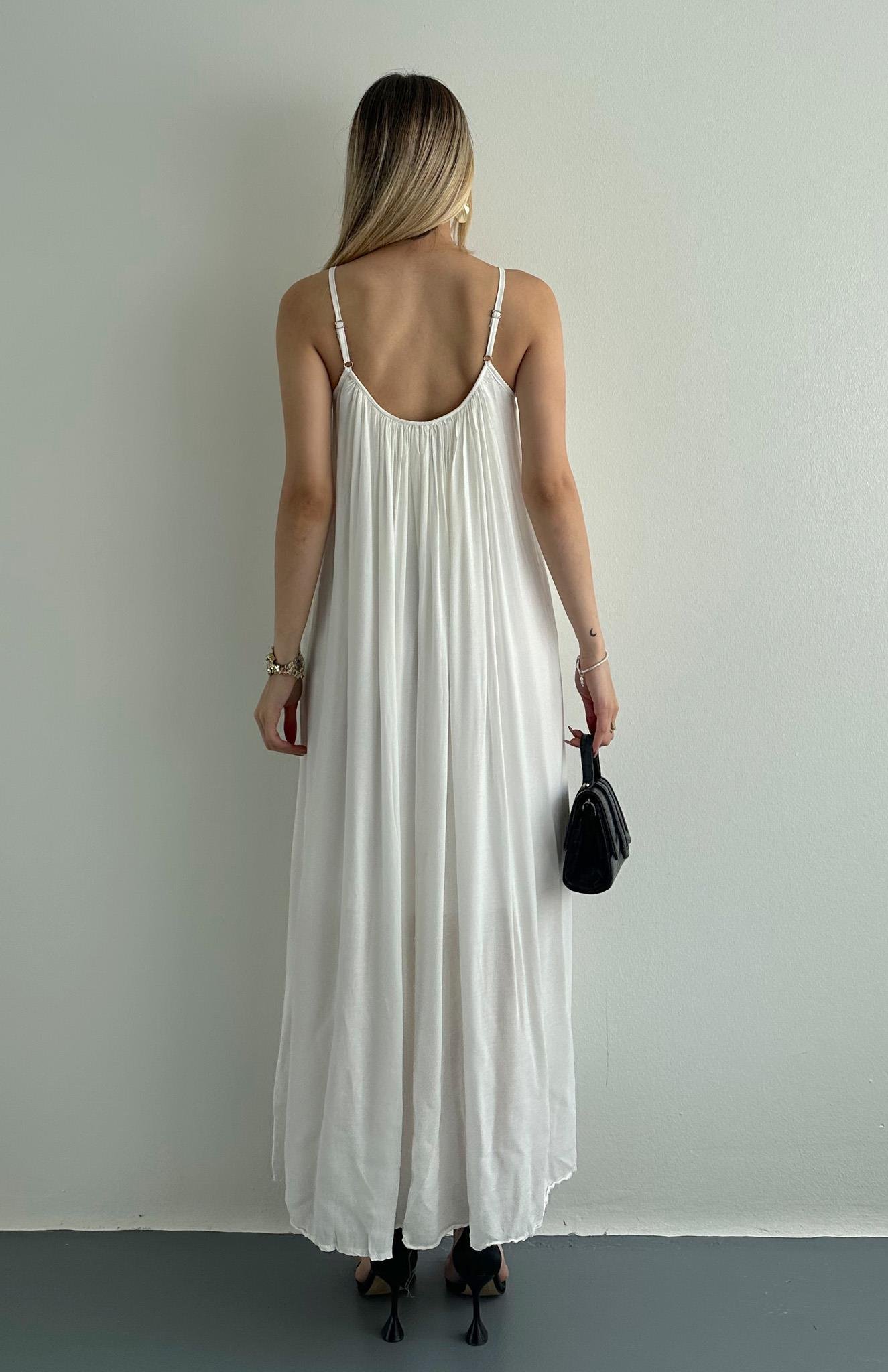 V Yaka Büzgülü Askılı Elbise EKRU