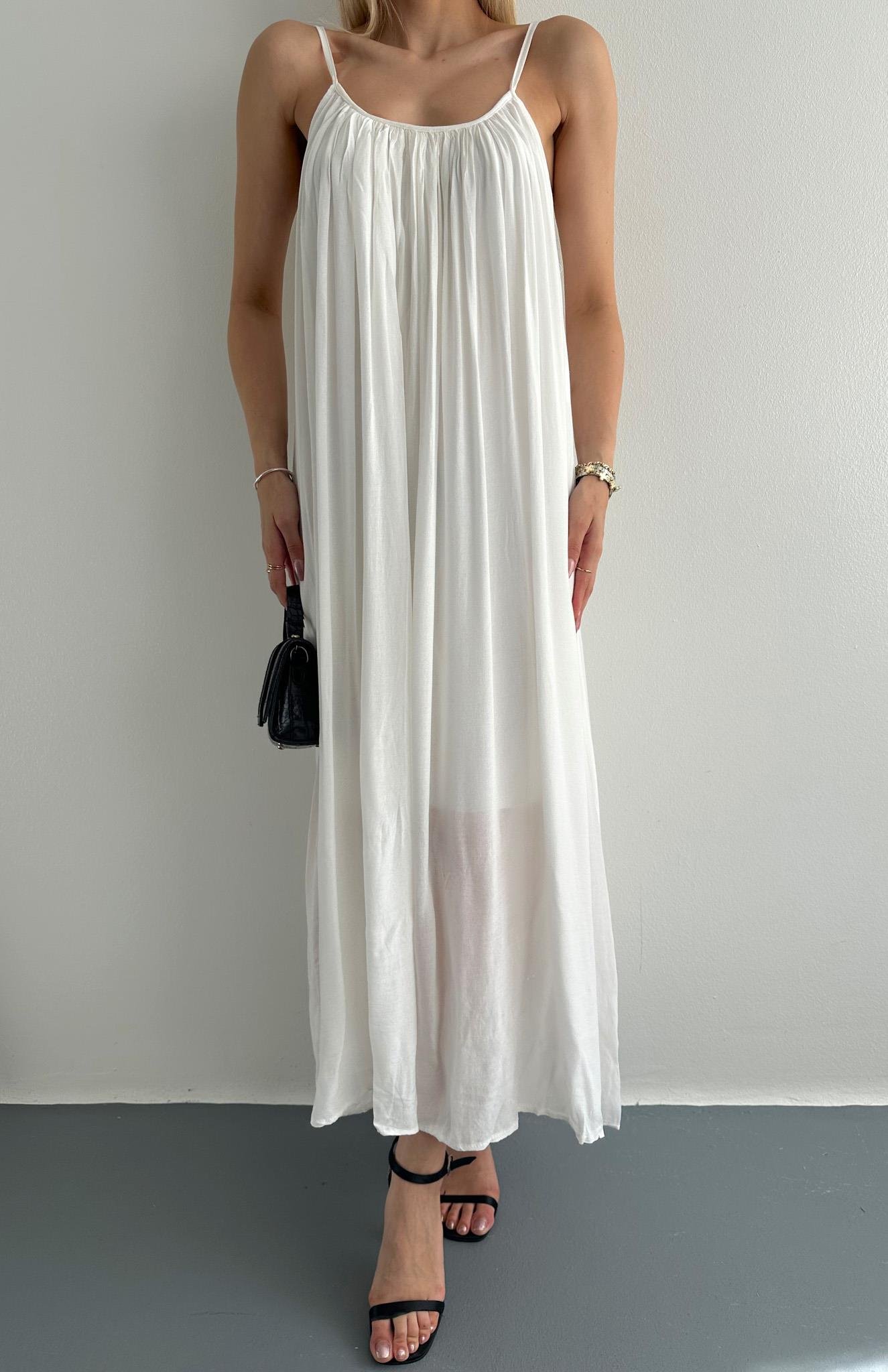 V Yaka Büzgülü Askılı Elbise EKRU