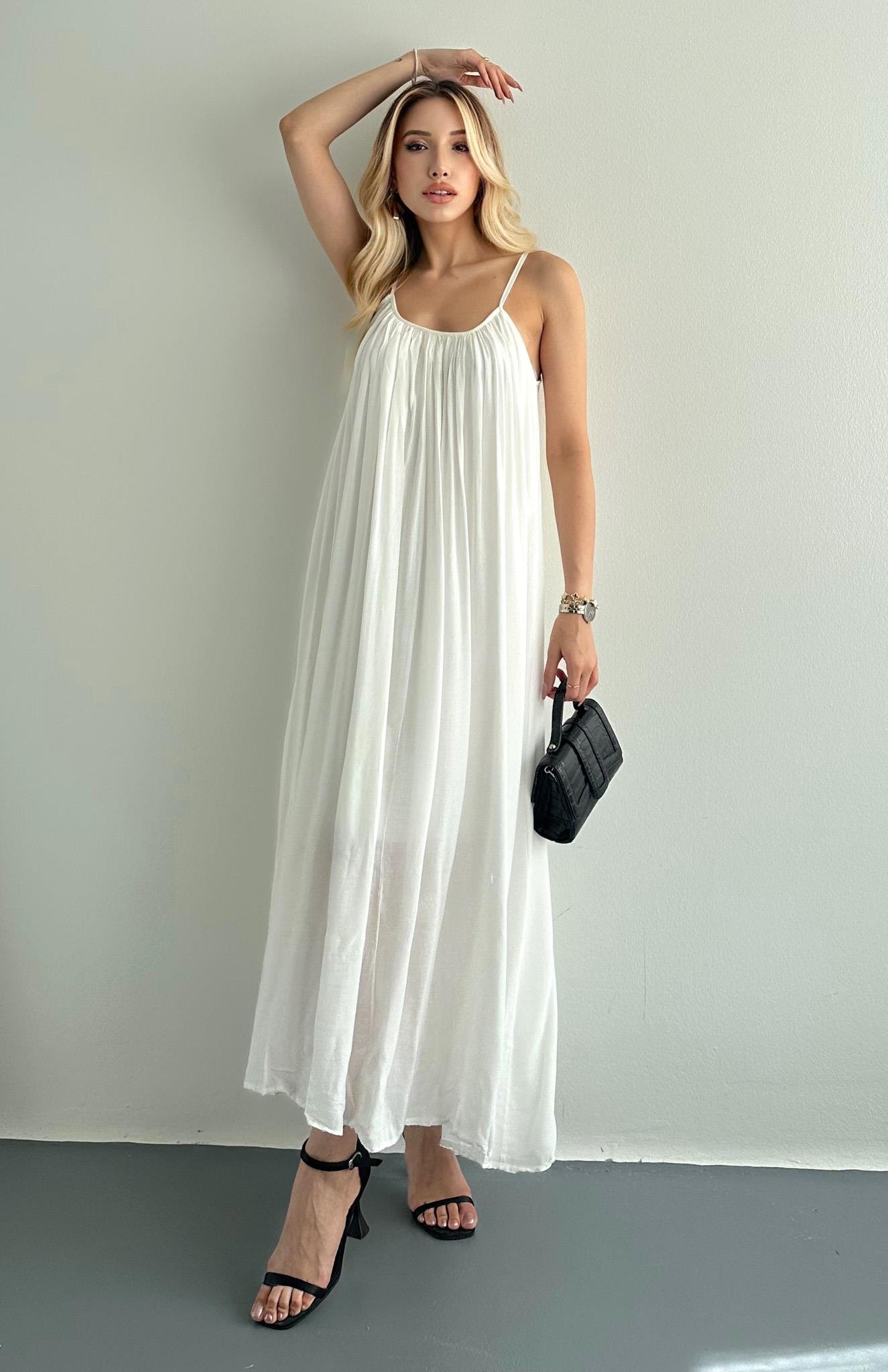 V Yaka Büzgülü Askılı Elbise EKRU