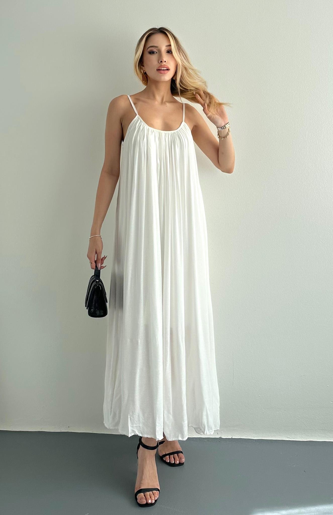 V Yaka Büzgülü Askılı Elbise EKRU