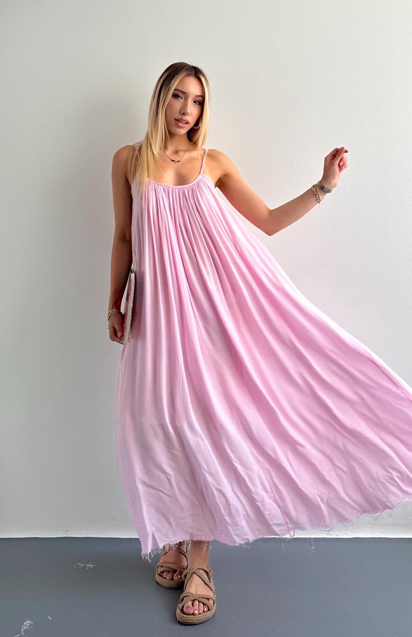 V Yaka Büzgülü Askılı Elbise PEMBE