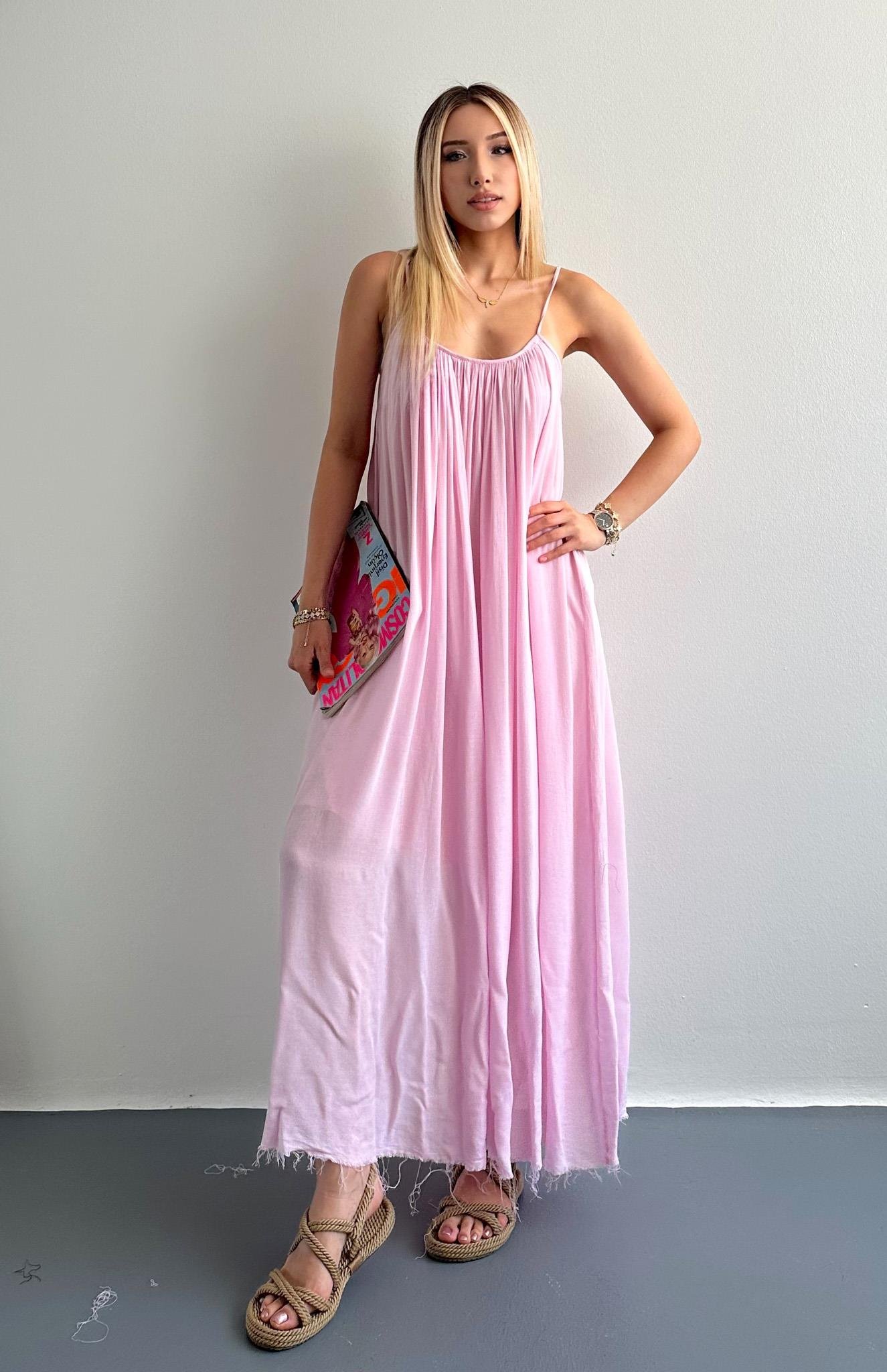 V Yaka Büzgülü Askılı Elbise PEMBE