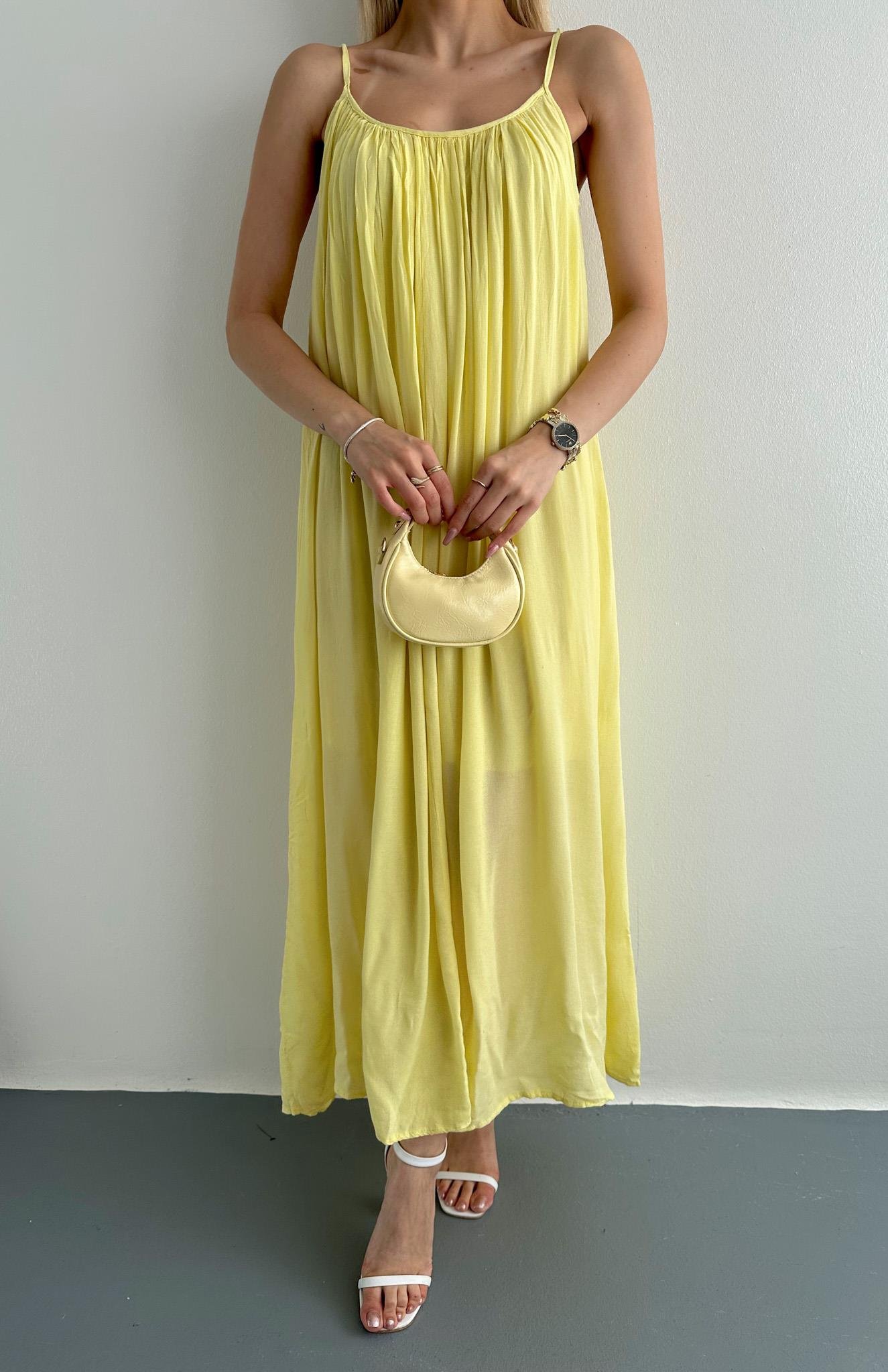 V Yaka Büzgülü Askılı Elbise SARI
