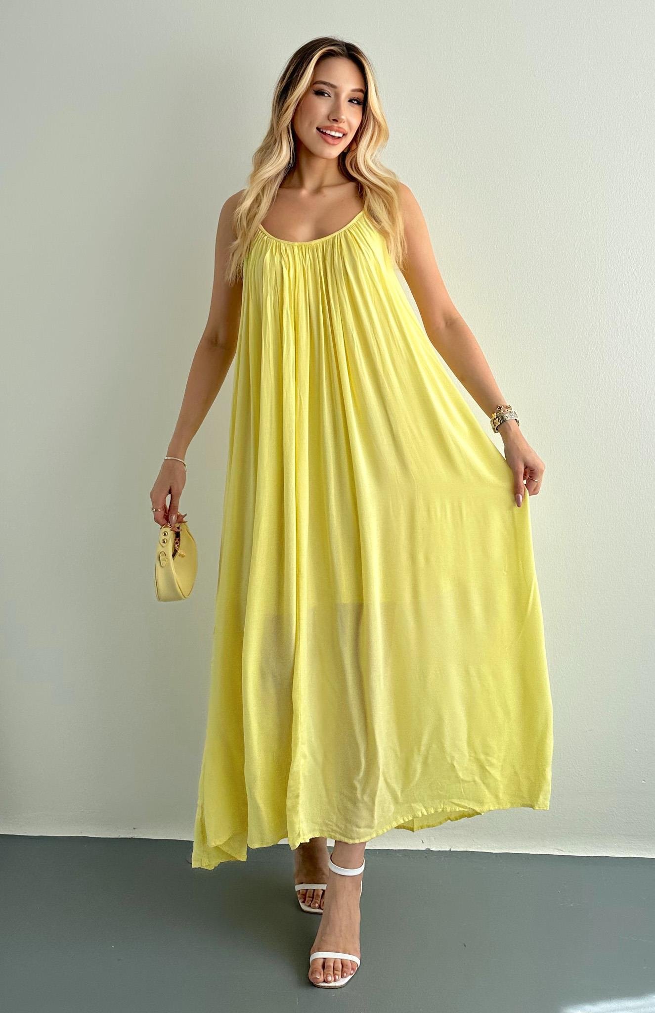 V Yaka Büzgülü Askılı Elbise SARI