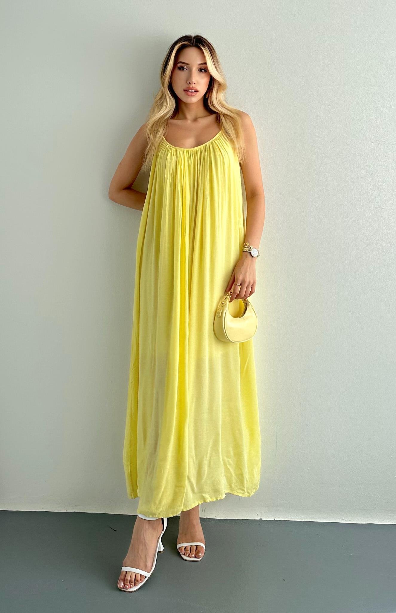 V Yaka Büzgülü Askılı Elbise SARI