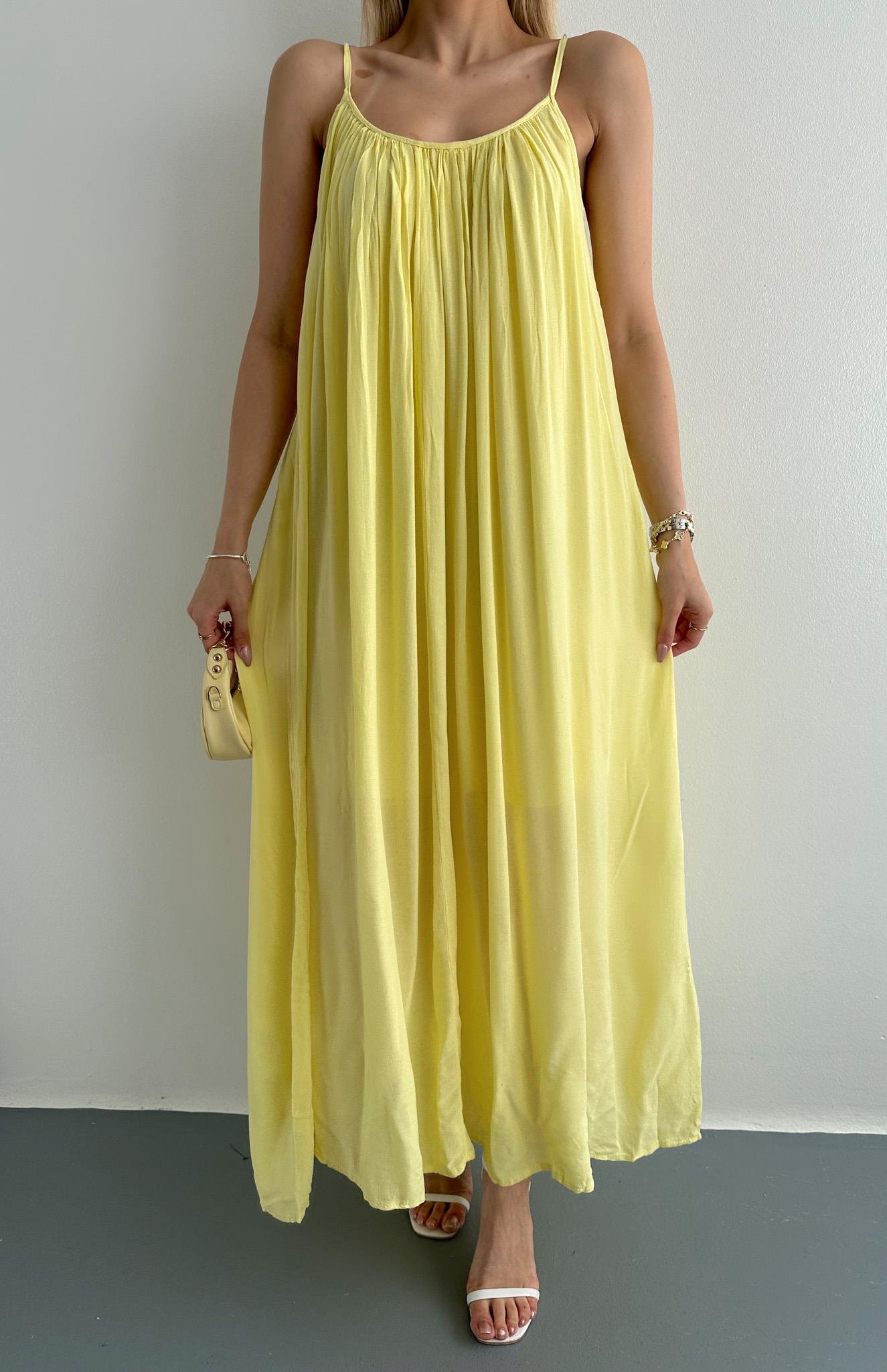 V Yaka Büzgülü Askılı Elbise SARI