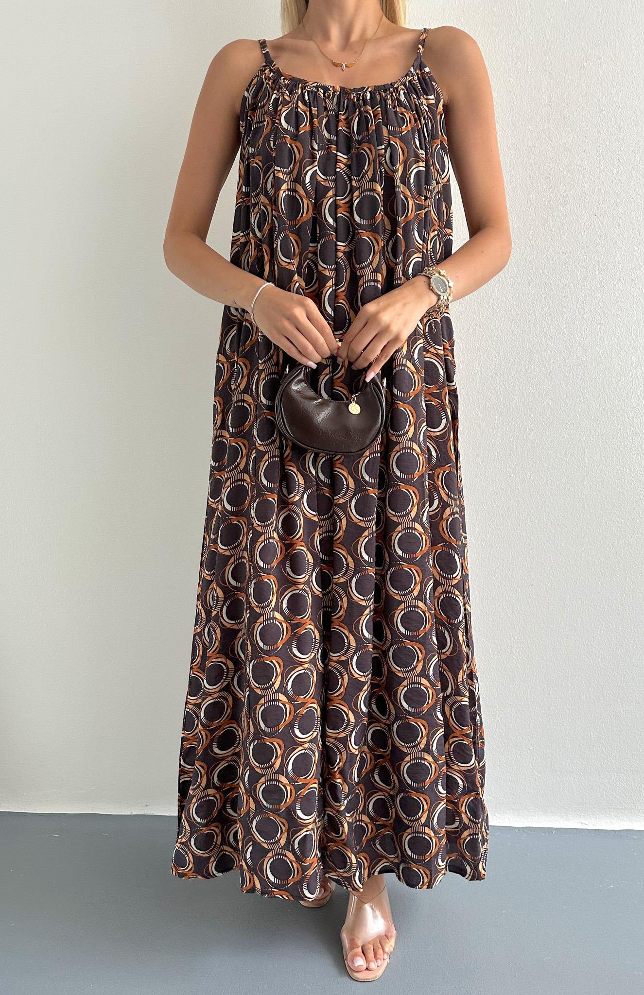 V Yaka Büzgülü Desenli Elbise KAHVERENGİ