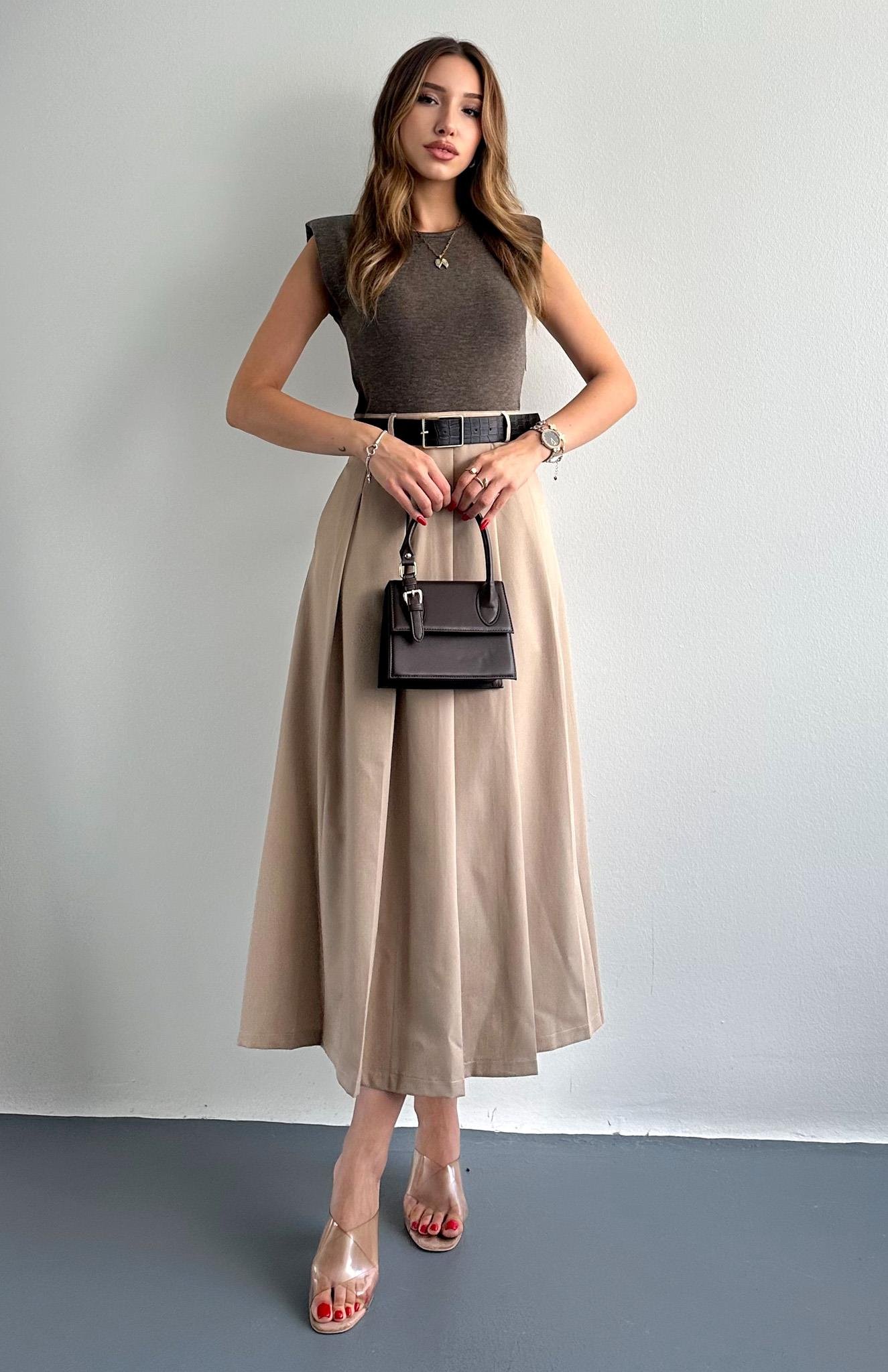 Vatkalı Konstrat Elbise KAHVERENGİ